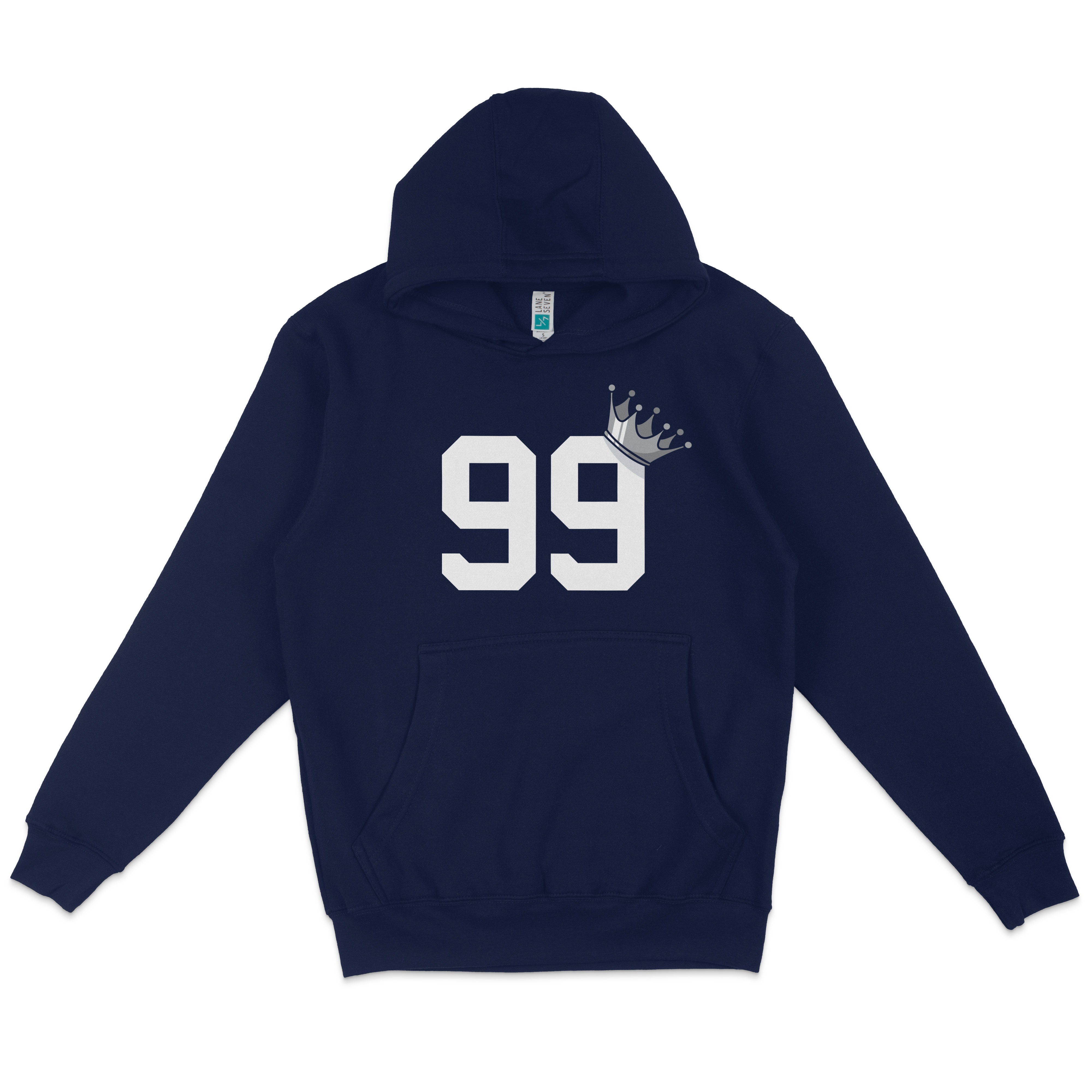 Navy pullover fleece hoodie with a large white "99" and a crown graphic on the front, featuring a front pocket and adjustable hood.