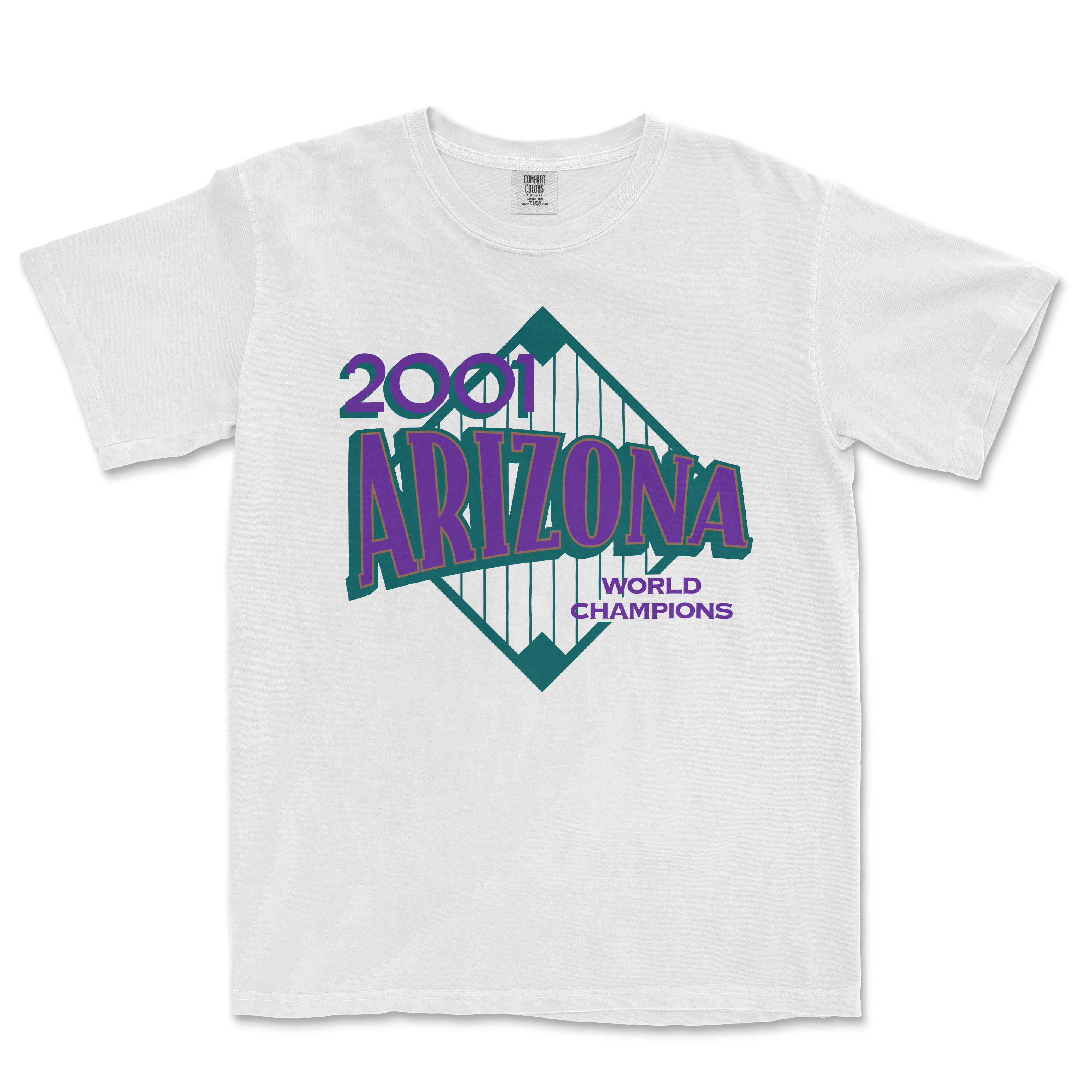 White Comfort Colors T-shirt featuring a graphic design celebrating Arizona's 2001 World Champions, with purple and teal text and graphics.