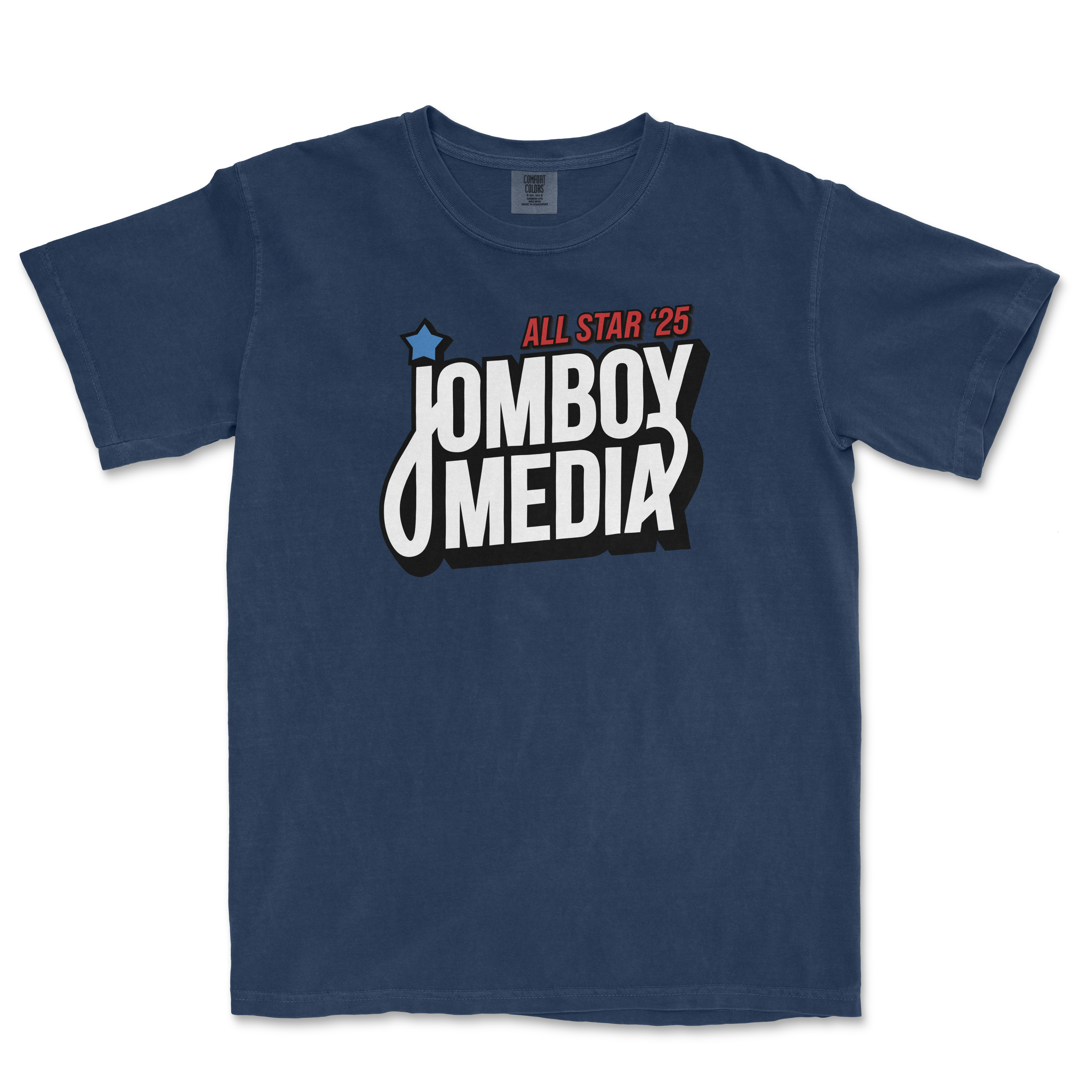 Navy blue t-shirt featuring bold "Jomboy Media" logo and "All Star '25" text, perfect for sports fans.