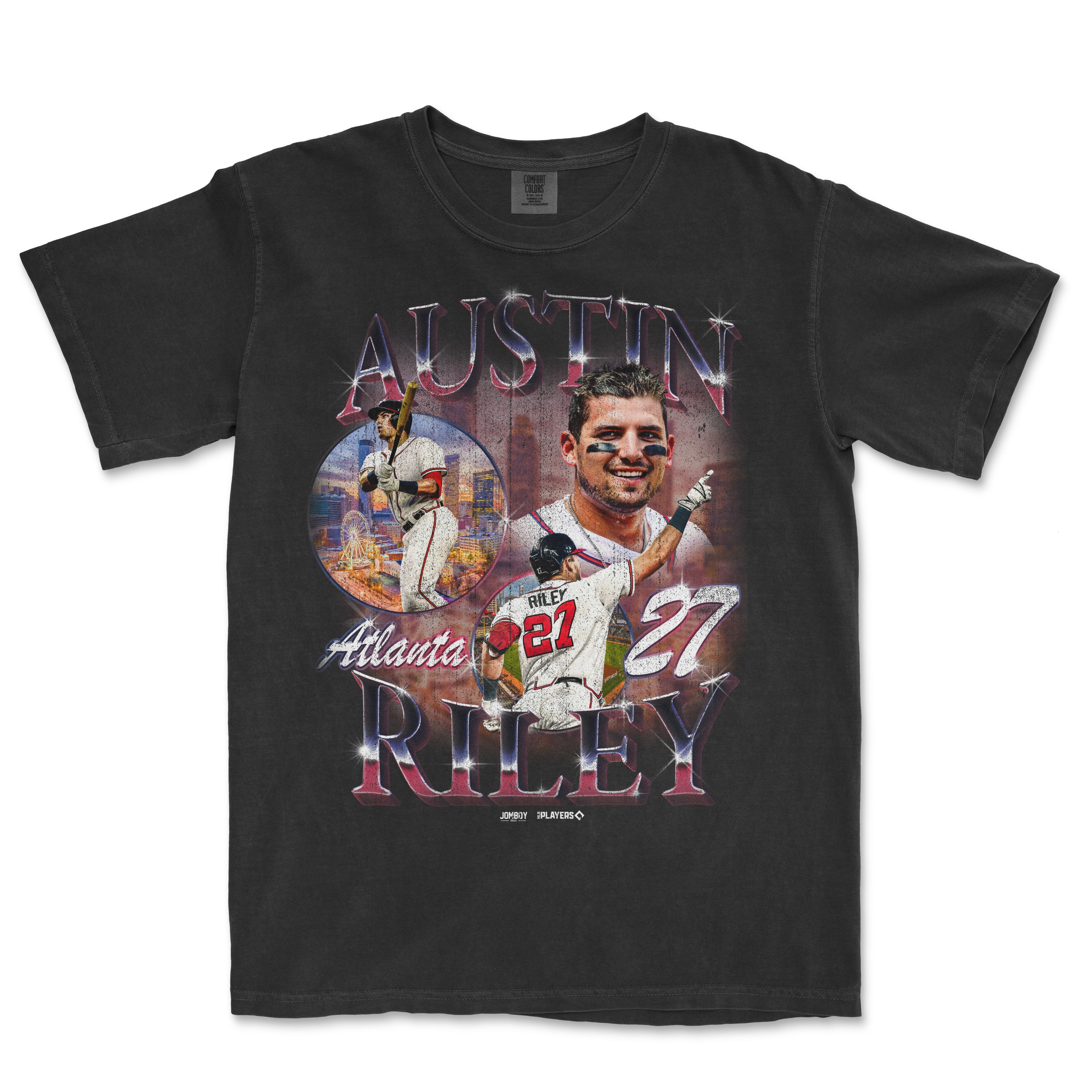 Black Comfort Colors T-shirt featuring Austin Riley with images of him playing baseball, Atlanta skyline, and "Austin Riley" text.