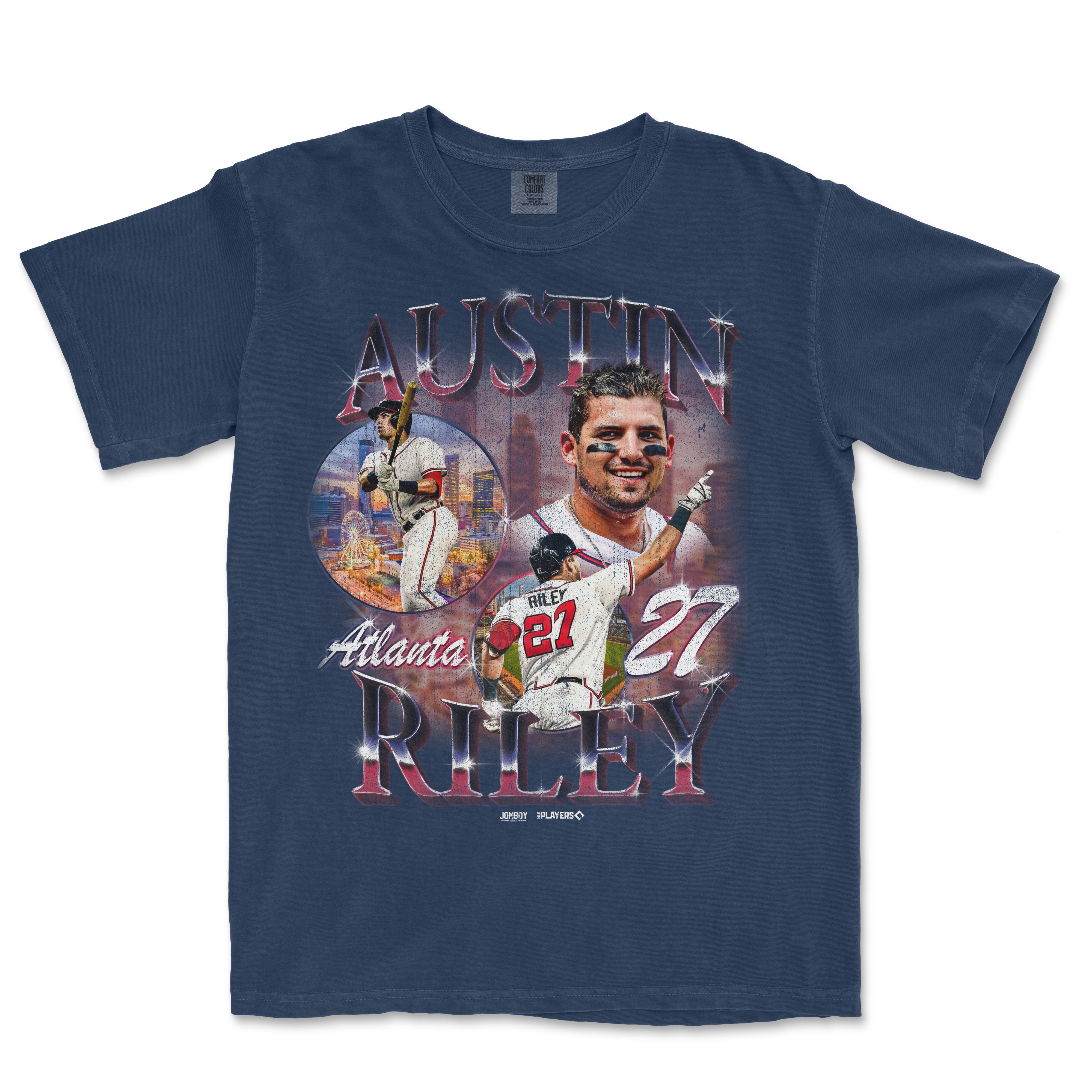 Comfort Colors T-shirt featuring Austin Riley with images of him playing baseball, "Austin Riley in Hotlanta" text, and Atlanta skyline.