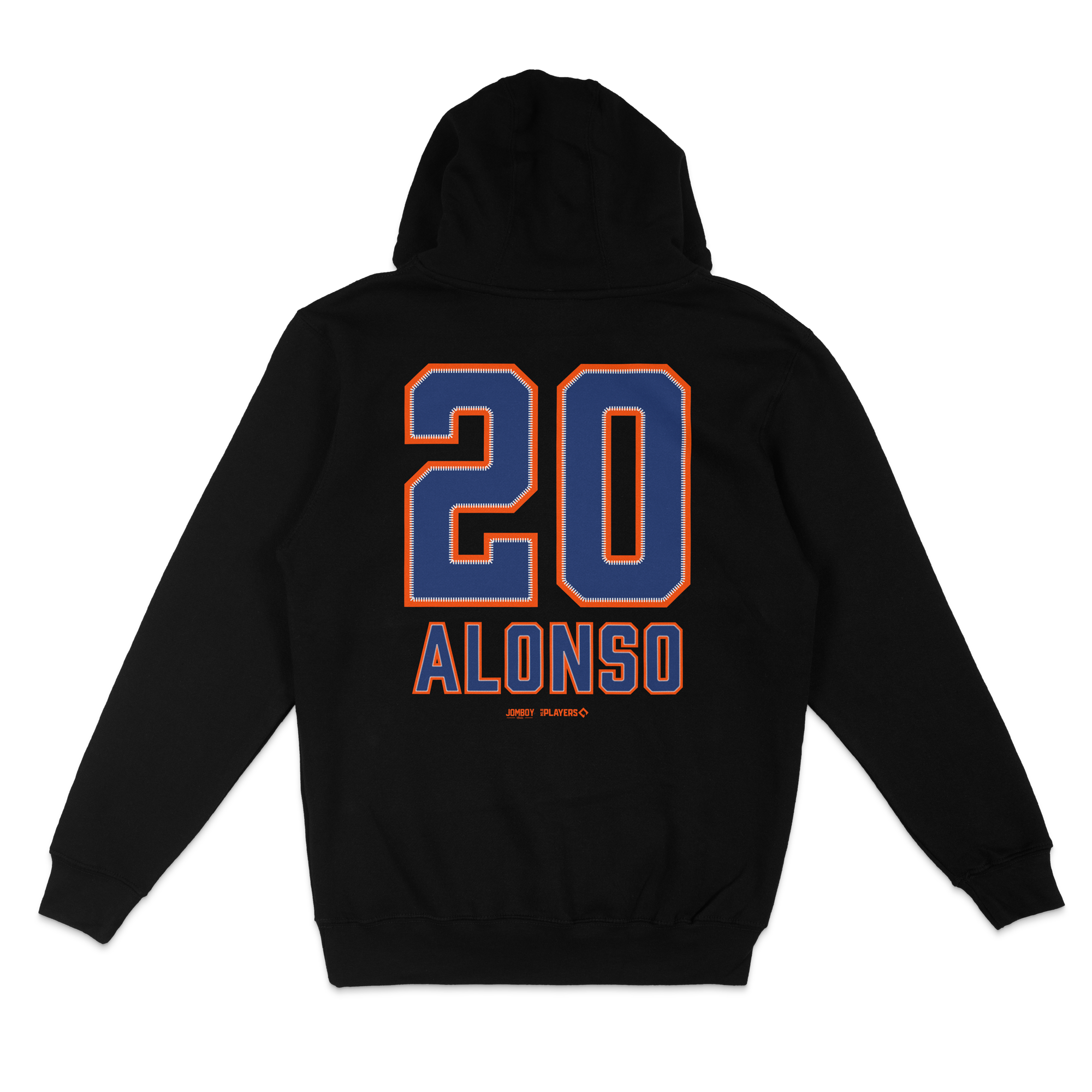 Black pullover fleece hoodie featuring "20" and "Alonso" in blue and orange lettering on the back.