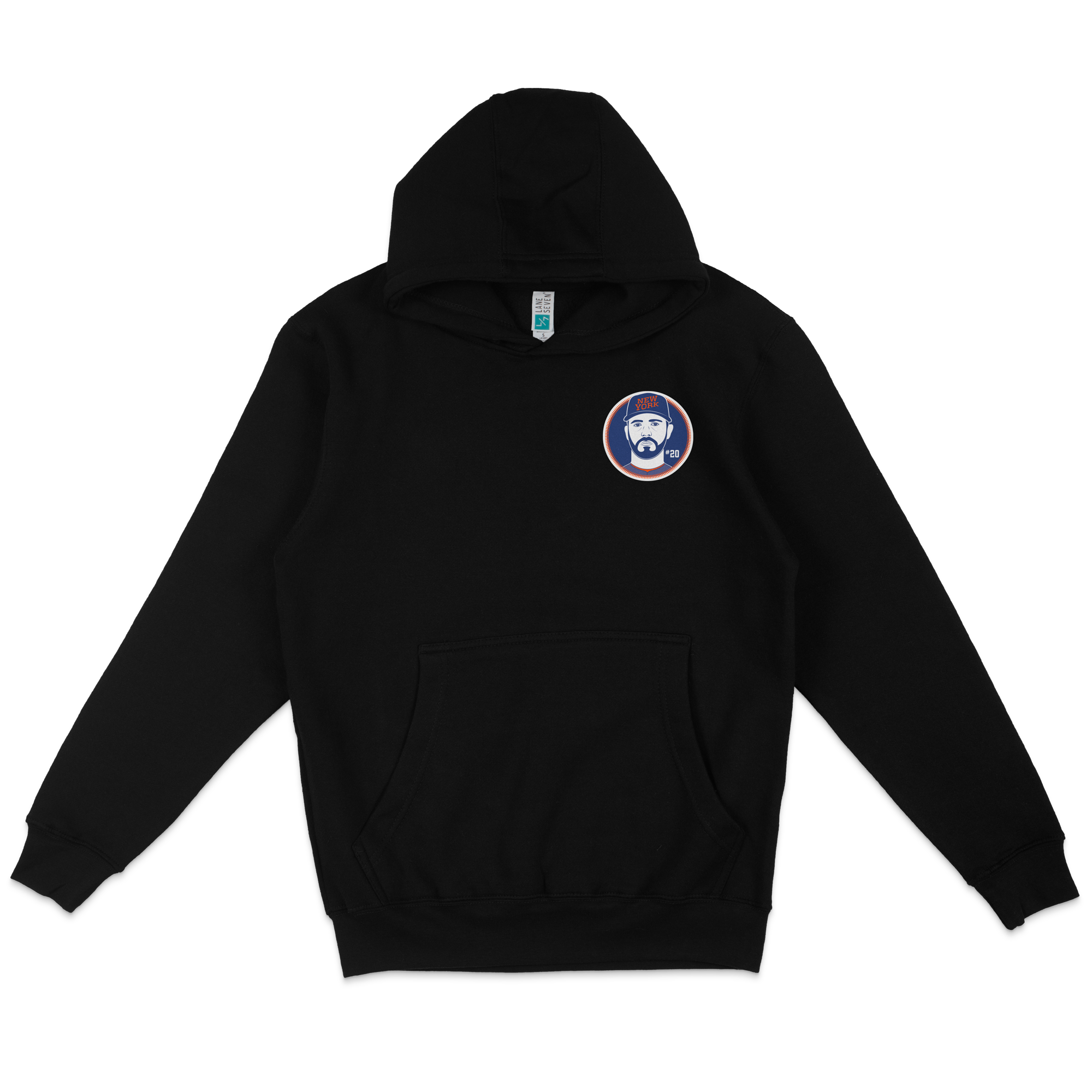 Black pullover fleece hoodie featuring a Pete Alonso patch with a bearded face, team logo, and "#20" on the chest.