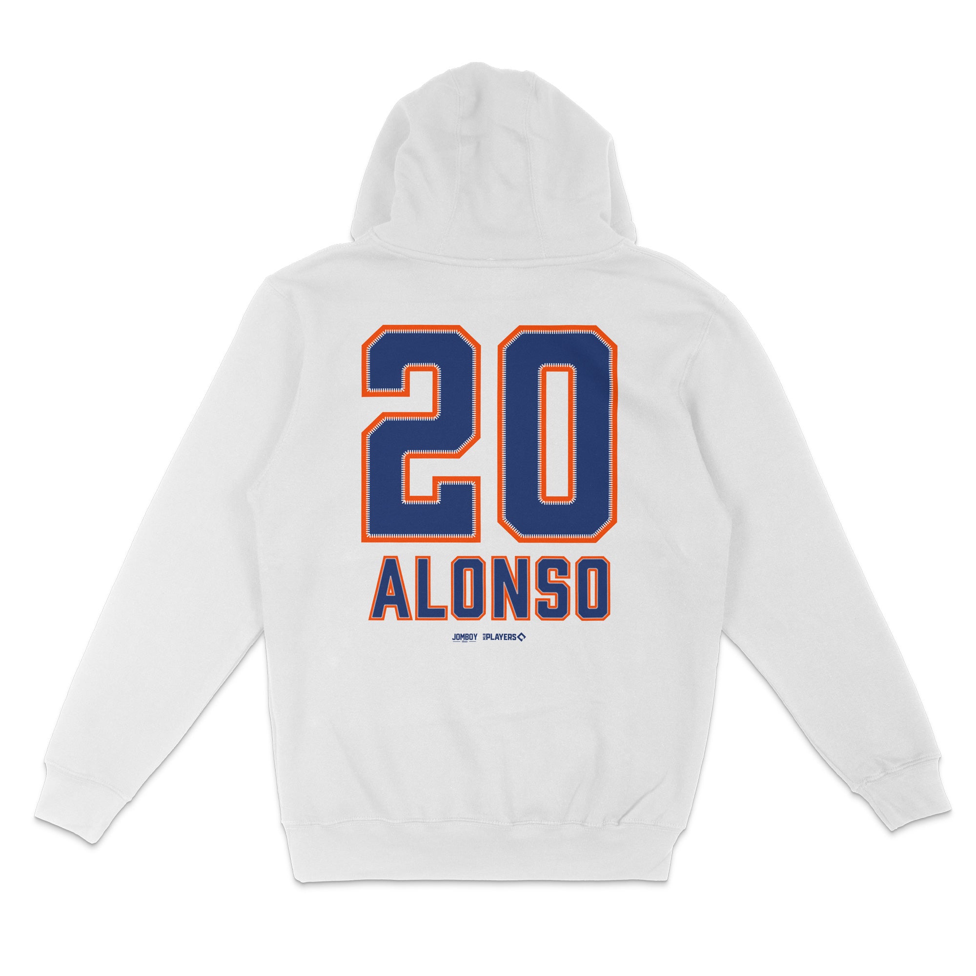 White pullover fleece hoodie featuring "20 ALONSO" in bold navy and orange lettering on the back.
