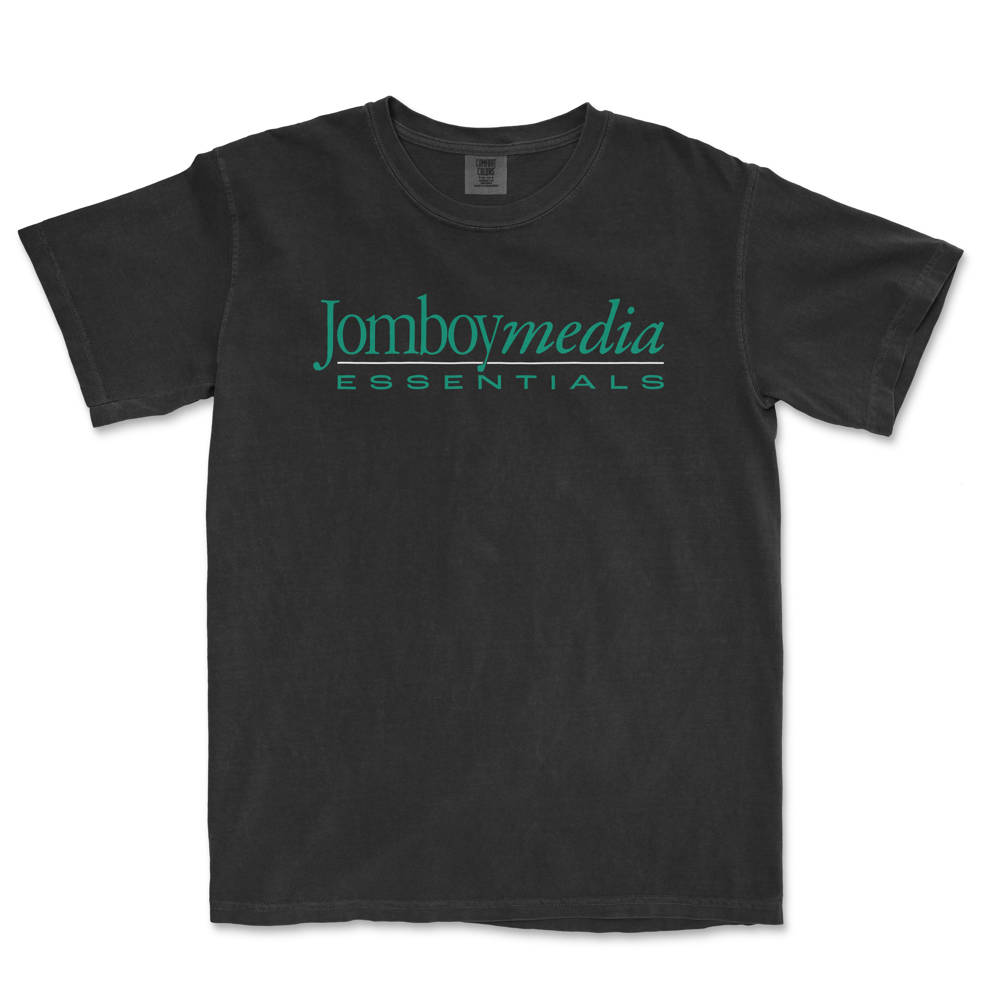 Black T-shirt with "Jomboymedia ESSENTIALS" logo in teal text across the front, vintage style, casual and retro-inspired design.