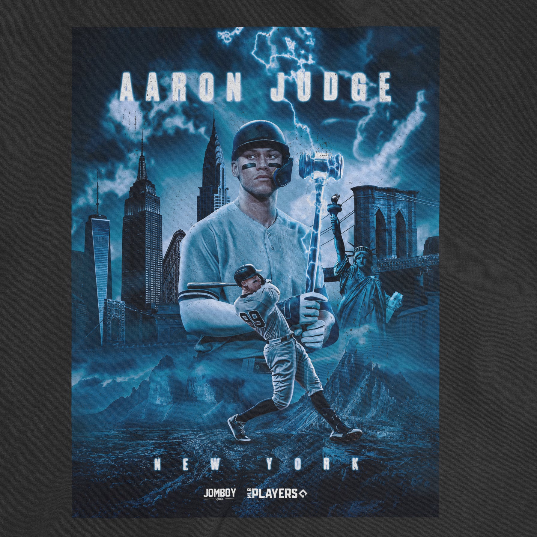 Graphic T-shirt featuring Aaron Judge as NYC's king, with city skyline, Statue of Liberty, baseball player, and lightning effects.