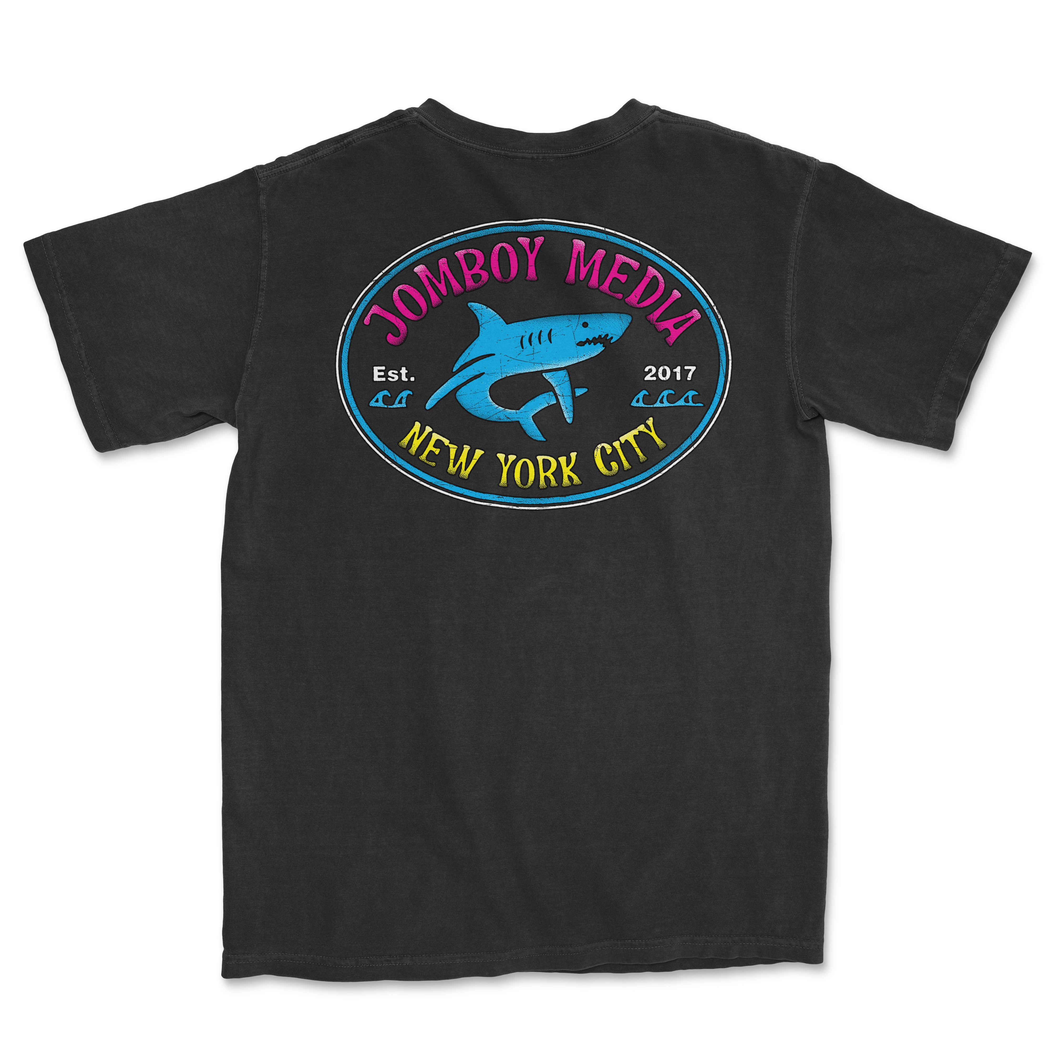 Black Comfort Colors T-shirt featuring a colorful "Jombooy Media" logo with a shark graphic, "New York City" text, and establishment year 2017.