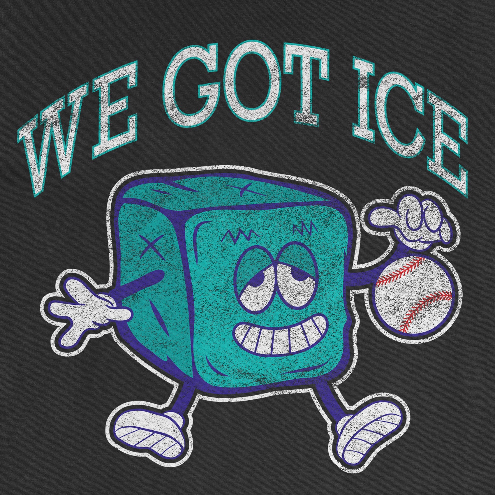 Cartoon blue ice cube mascot with a baseball, smiling and pointing, with the text "We Got Ice" above on a black background.