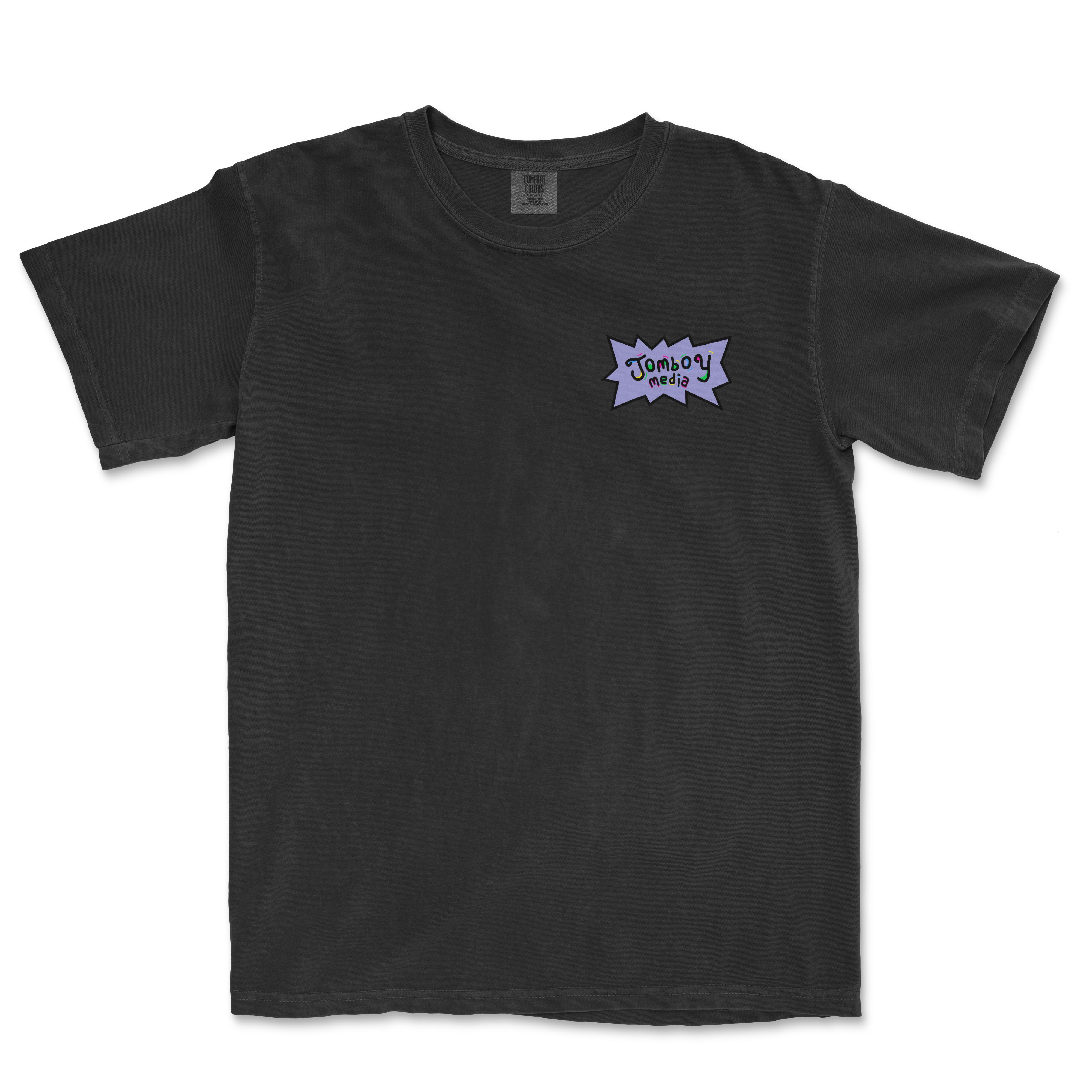 Black Comfort Colors T-shirt featuring a colorful "Jumboz Media" graphic in a comic-style speech bubble on the chest.