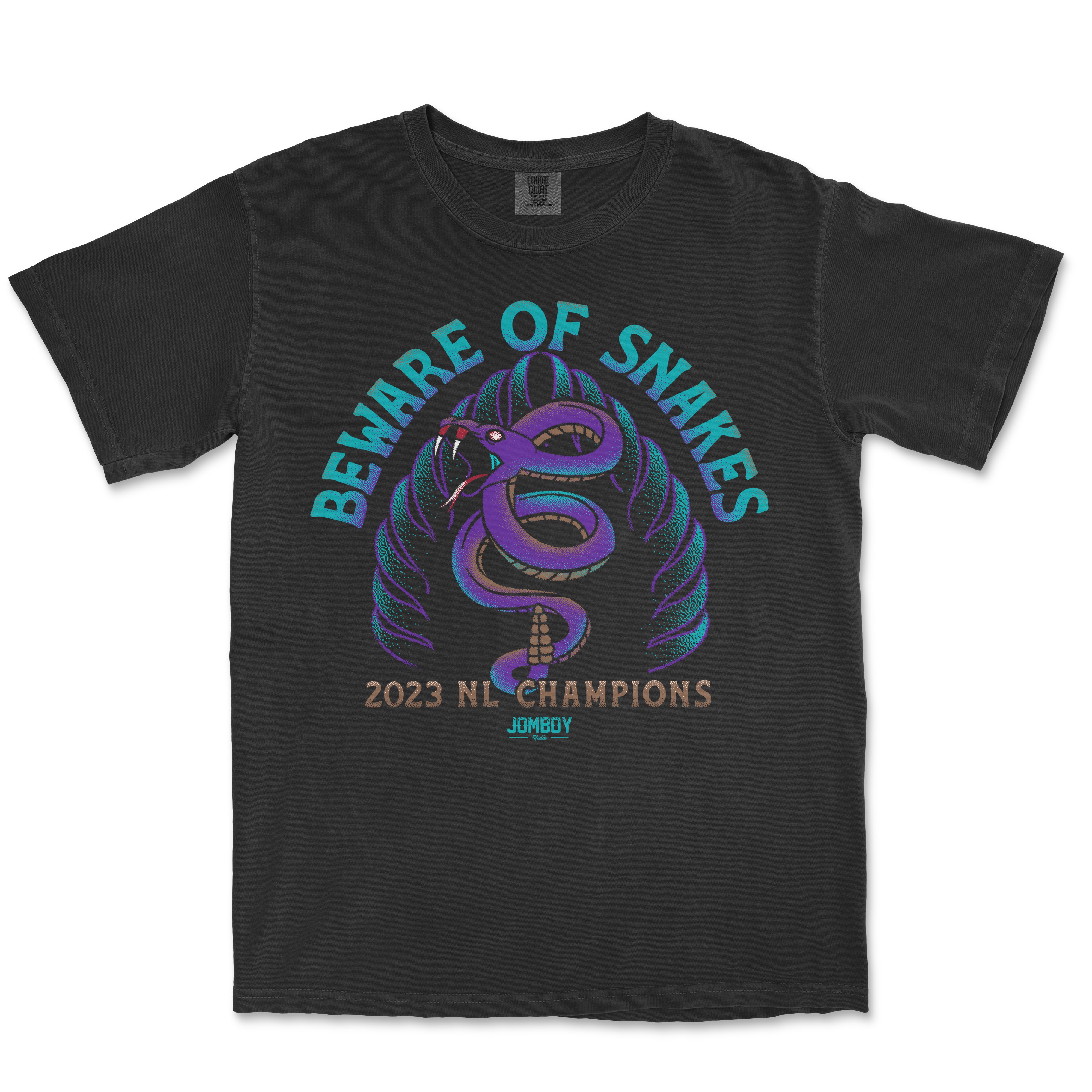 Black Comfort Colors T-shirt featuring a purple snake coiled around a snake head with the text "Beware of Snakes," celebrating 2023 NL Champions.