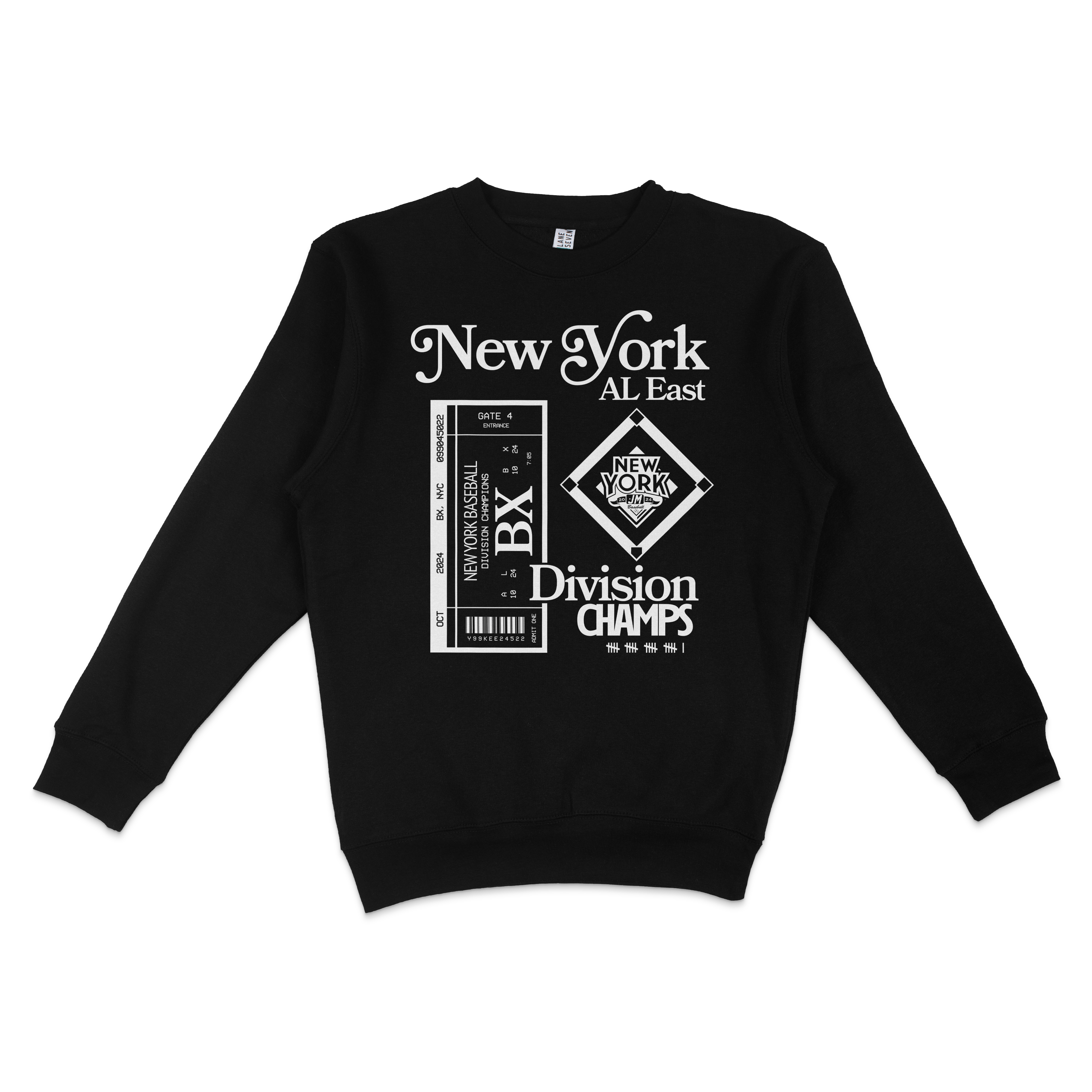 Black crewneck sweatshirt featuring white graphic text and designs celebrating NYY Division Champions, with ticket-style elements.