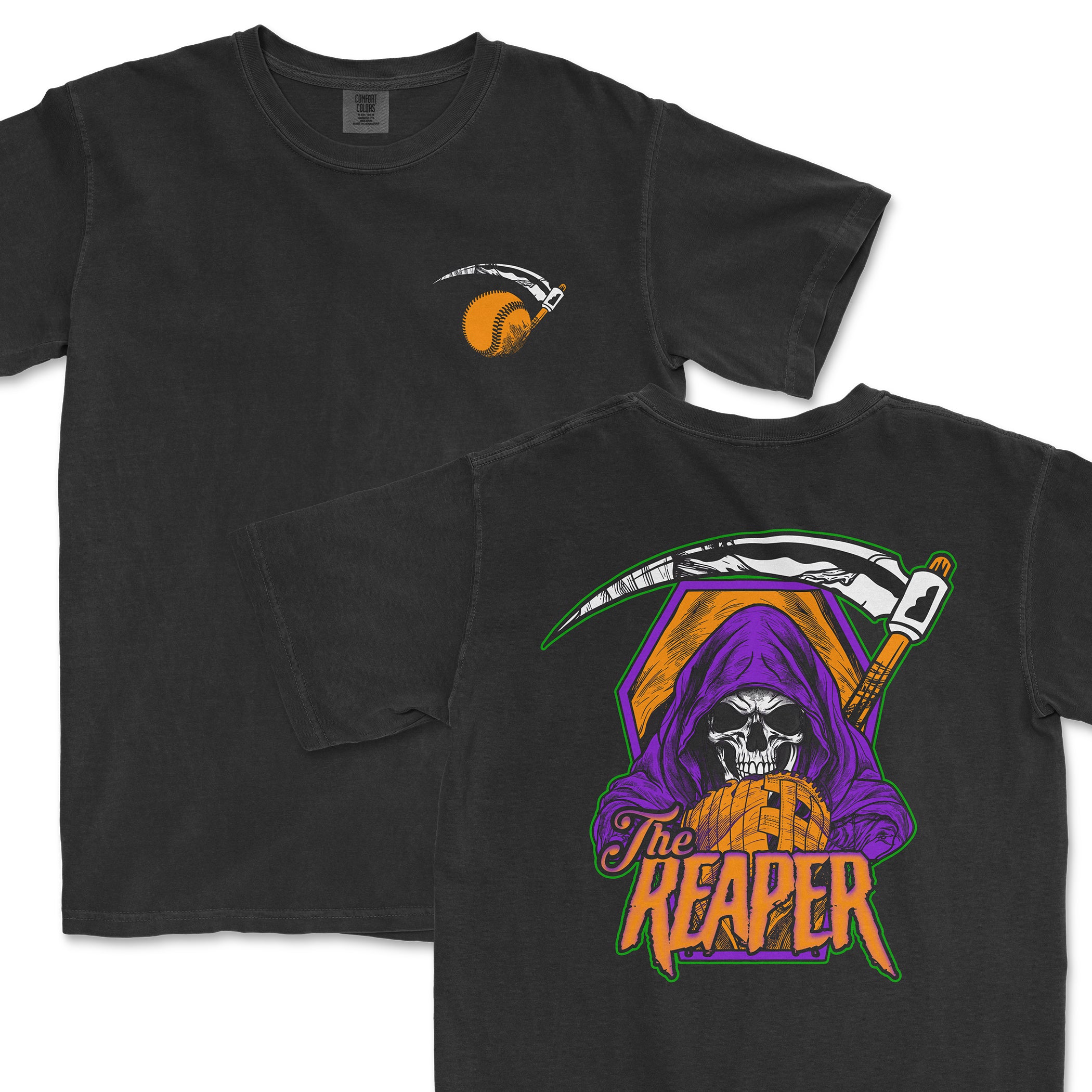 Black Comfort Colors T-shirt featuring a skeleton with a purple hood, scythe, and "The Reaper" text in bold, colorful design.