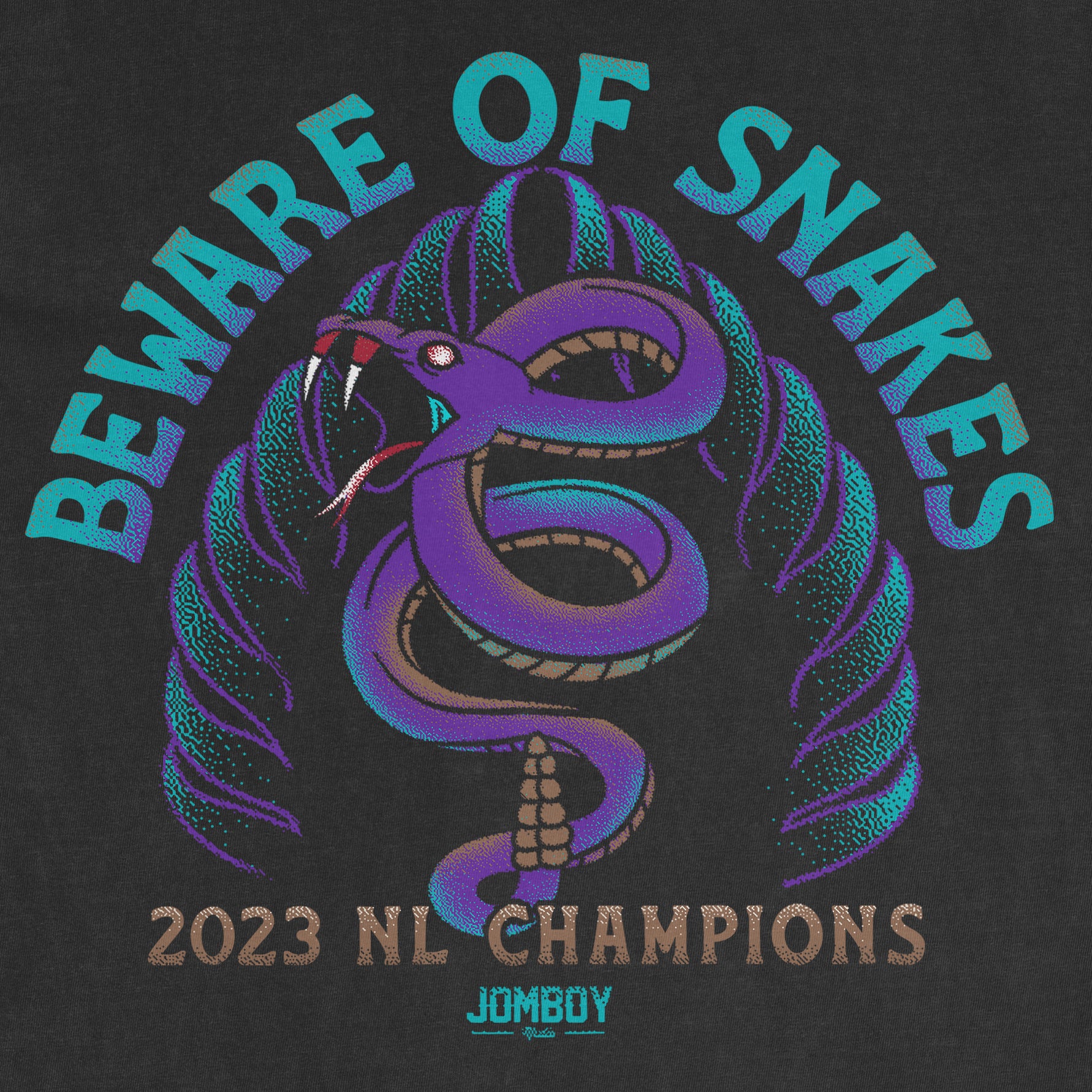 Black Comfort Colors T-shirt featuring a colorful snake illustration with the text "Beware of Snakes" and "2023 NL Champions.