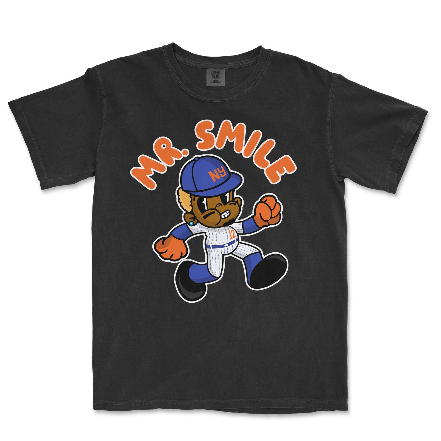 Black Comfort Colors T-shirt featuring a cartoon dog mascot in a baseball uniform, with "MR. SMILE" text above in orange.