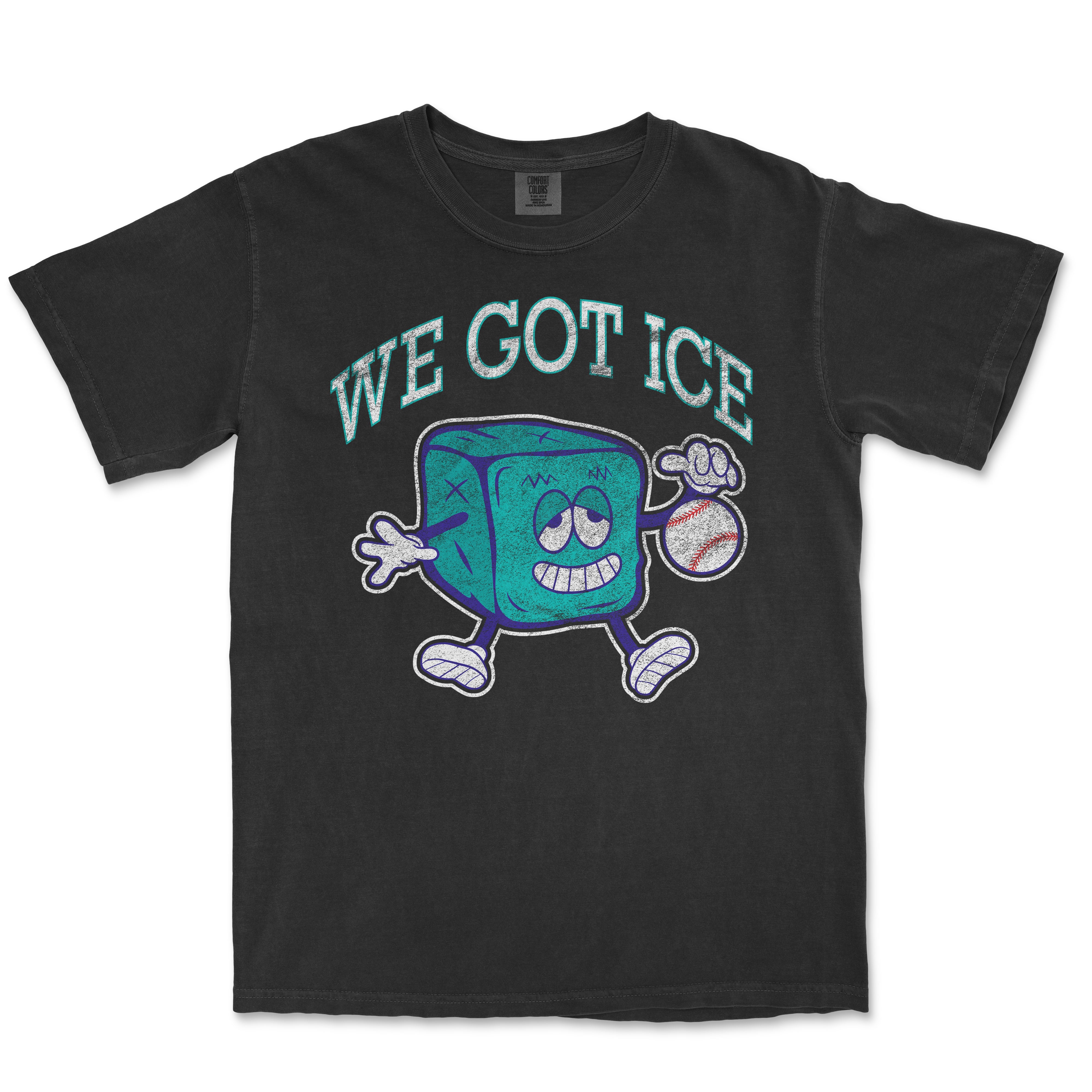 Black T-shirt featuring a 90s-style cartoon ice cube mascot holding a baseball, with the text "WE GOT ICE" above in teal letters.