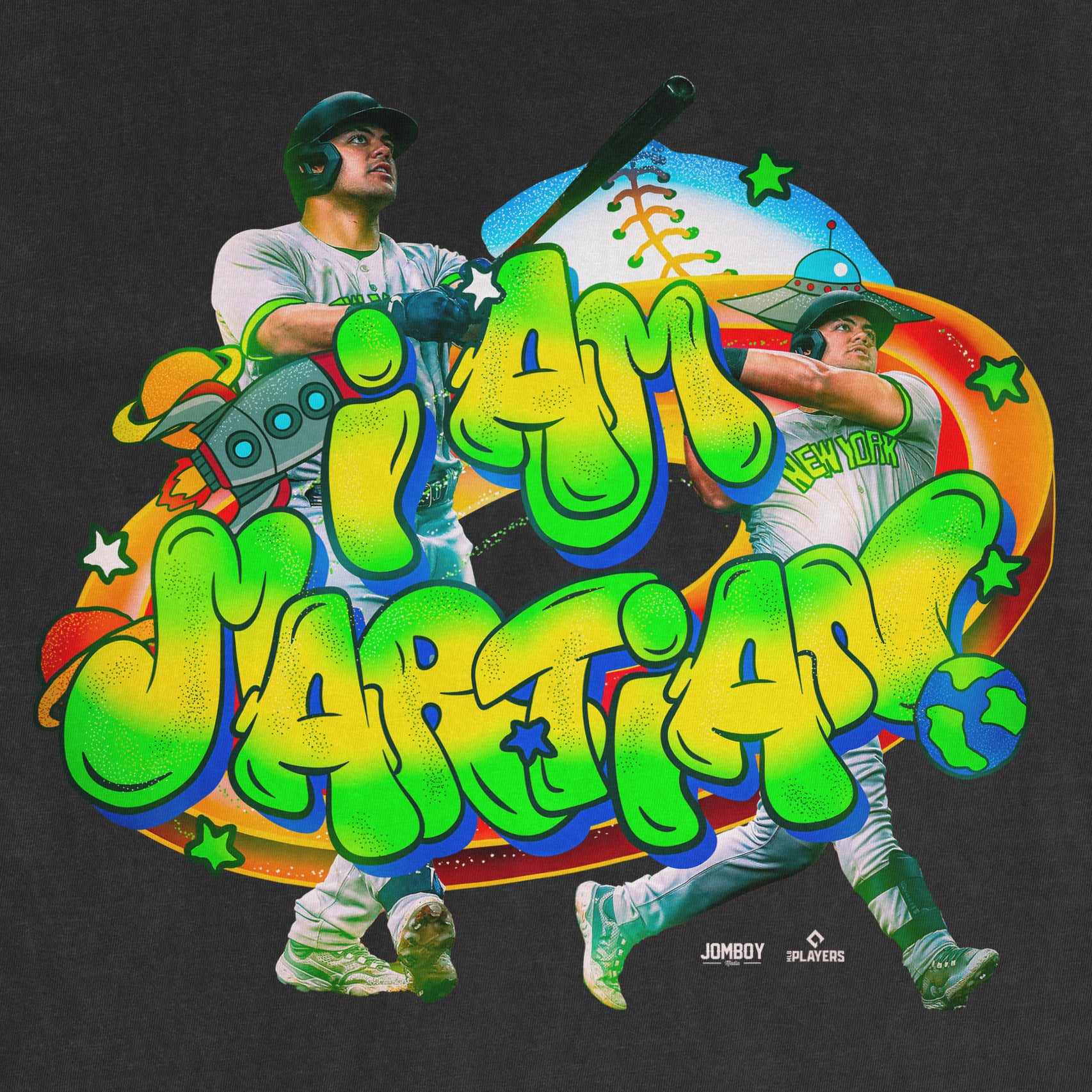 Colorful graphic of two baseball players with space-themed illustrations and "I'm a Martian" text on a black background.