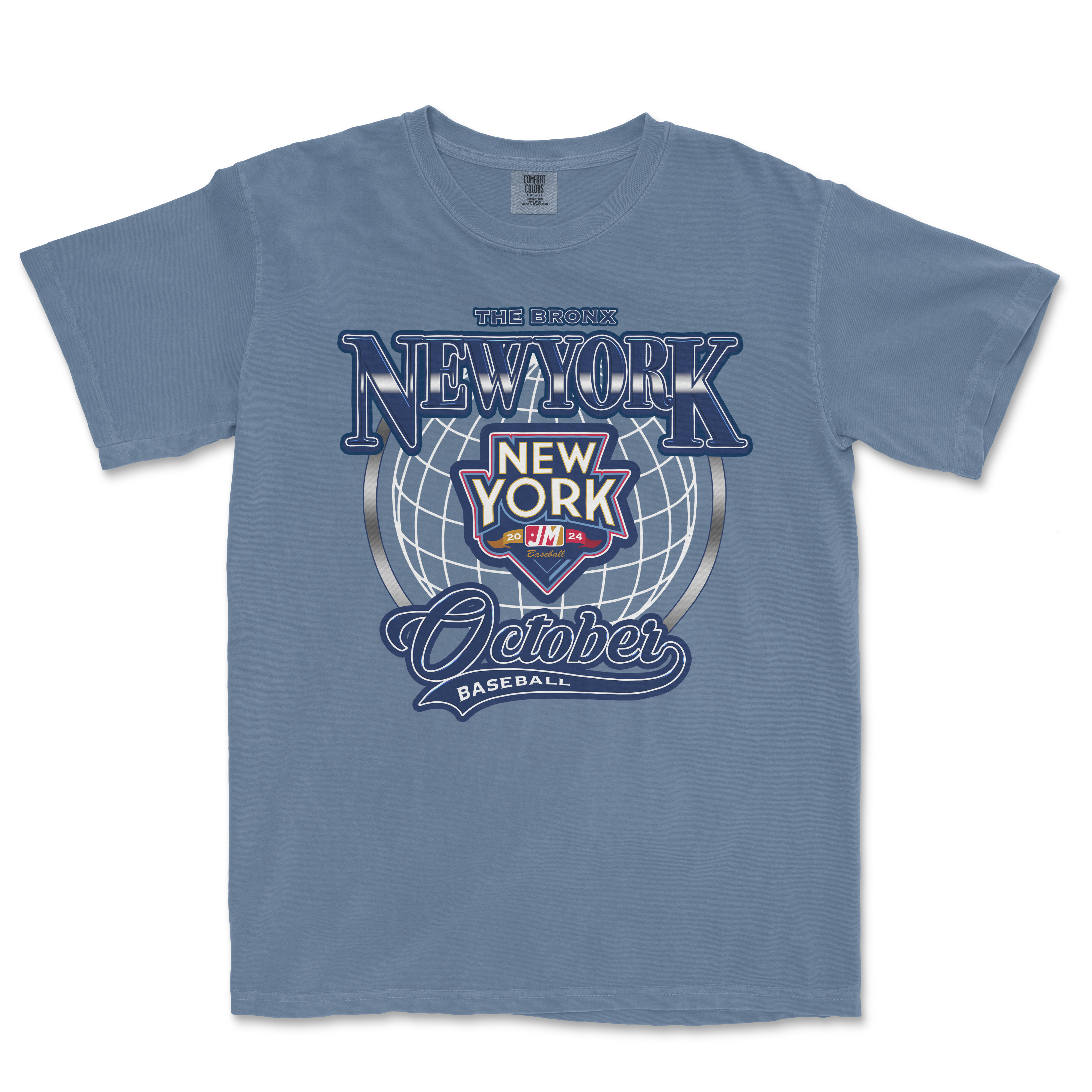 Light blue T-shirt featuring a graphic design with "October in The Bronx," "New York," and "Baseball" text, with a globe and baseball emblem.