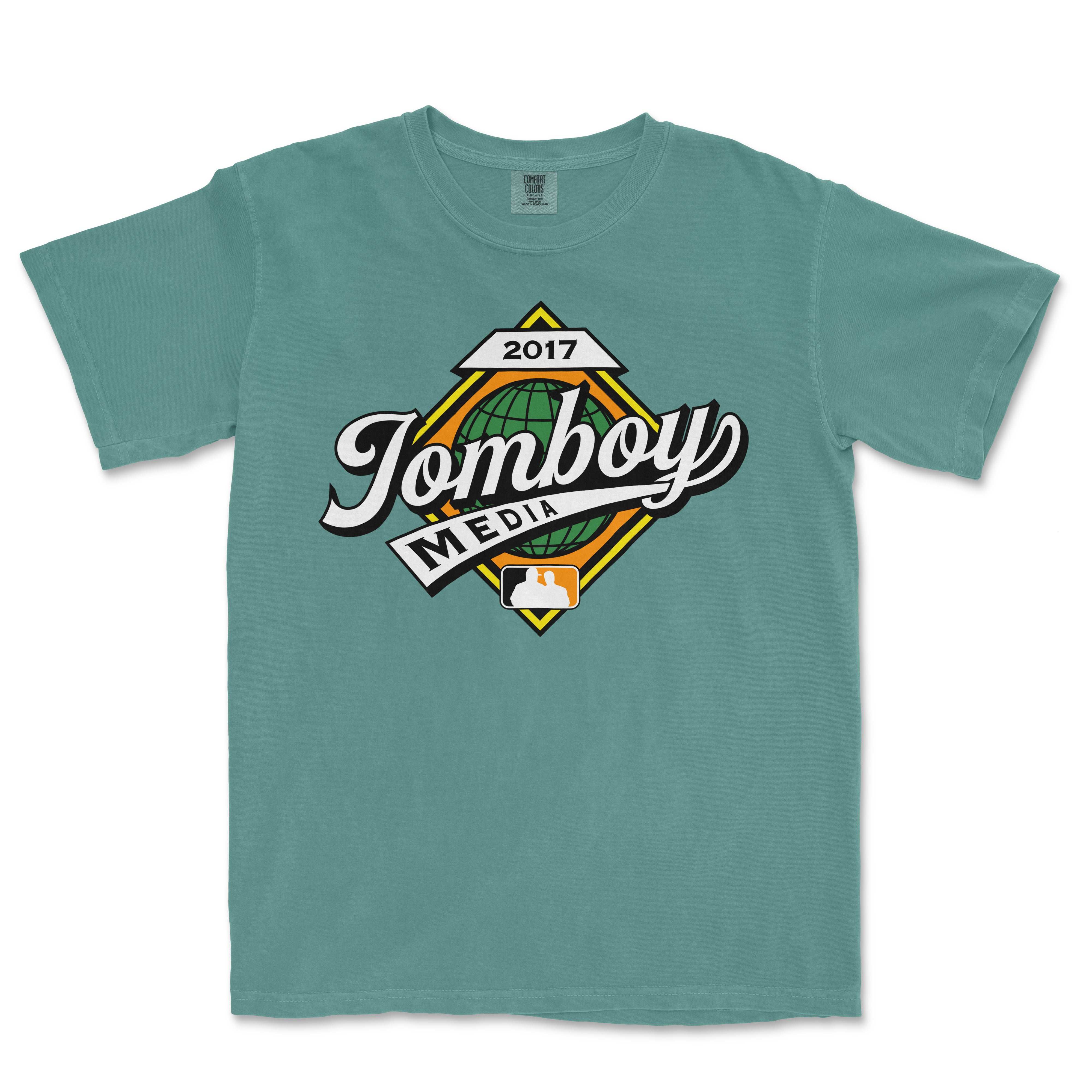 Comfort Colors teal T-shirt featuring a 2017 Jamboy Media logo with a globe, banner, and MLB silhouette design.
