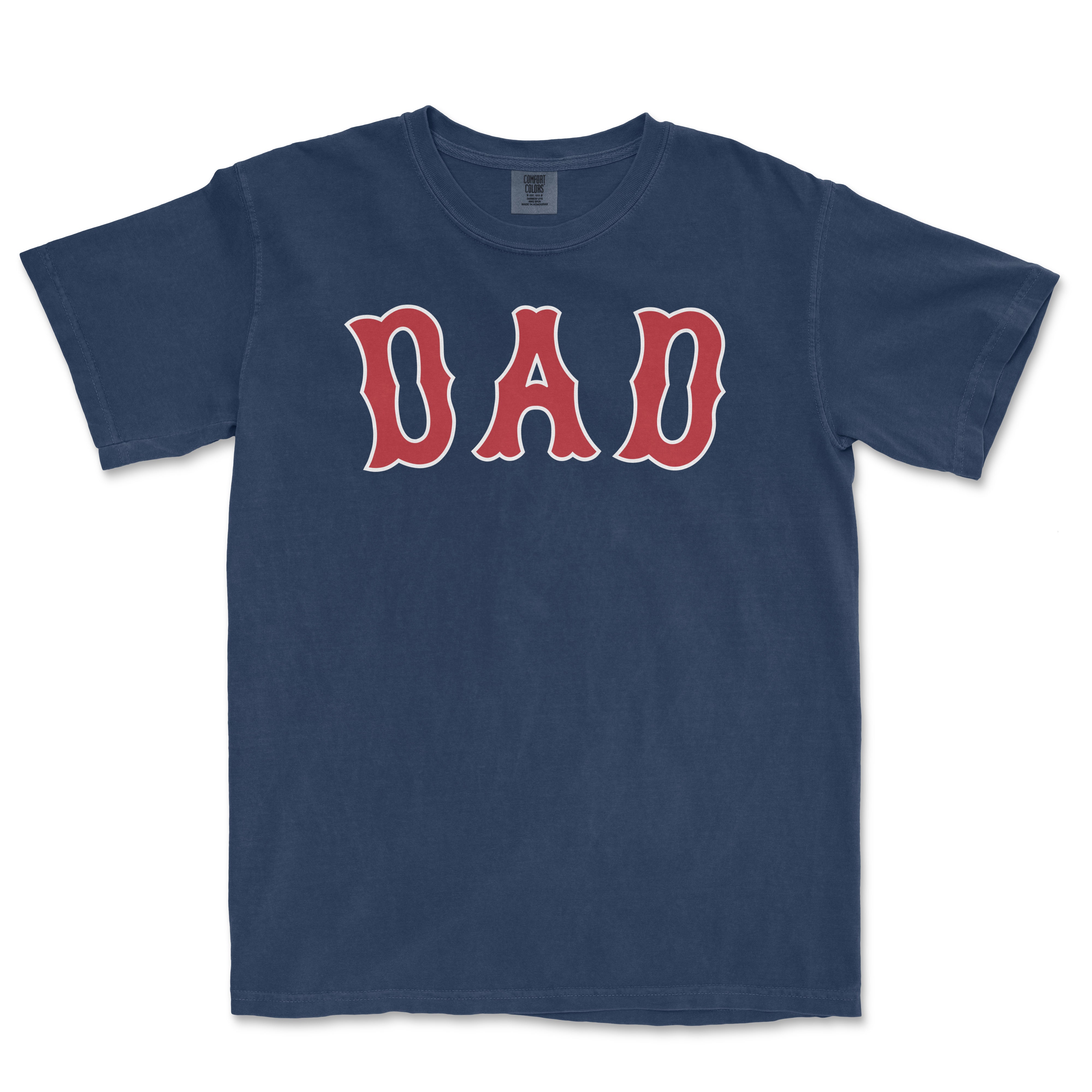 Comfort Colors navy T-shirt with red and white "DAD" lettering, perfect for Boston baseball dads.