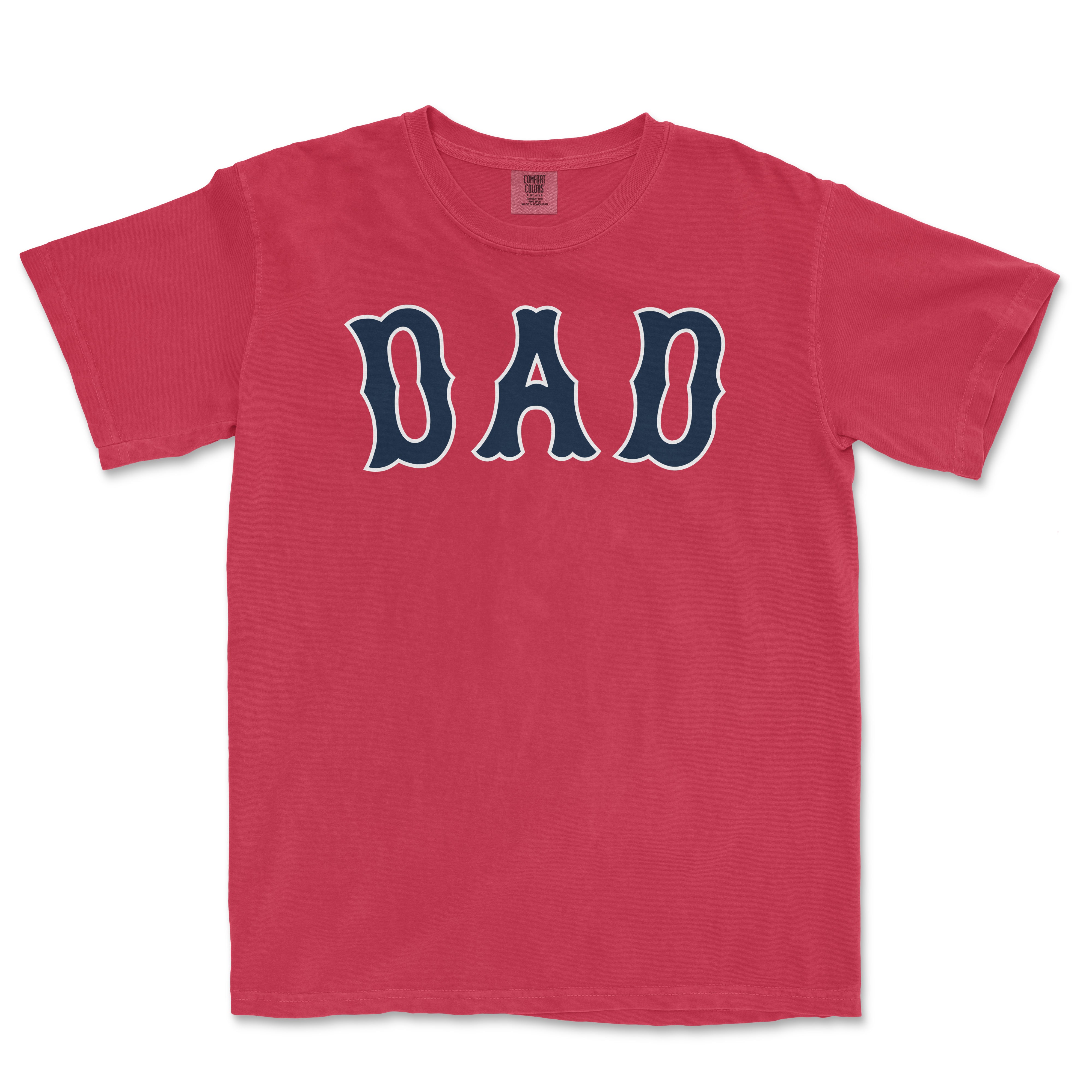 Red Comfort Colors tee with "DAD" in bold navy and white lettering, perfect for Boston baseball dads.