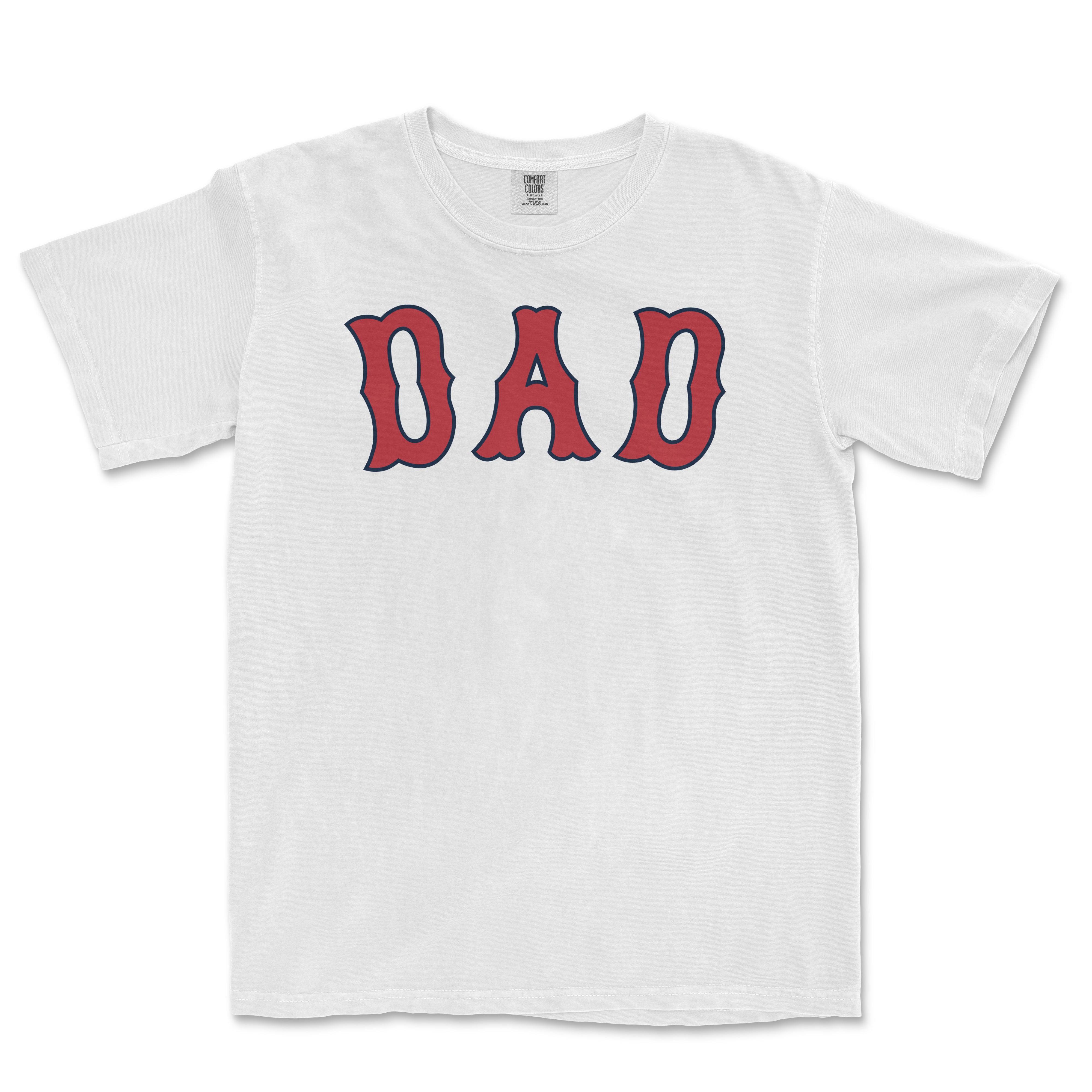 White Comfort Colors T-shirt with "DAD" in bold red and navy blue vintage-style lettering across the front.