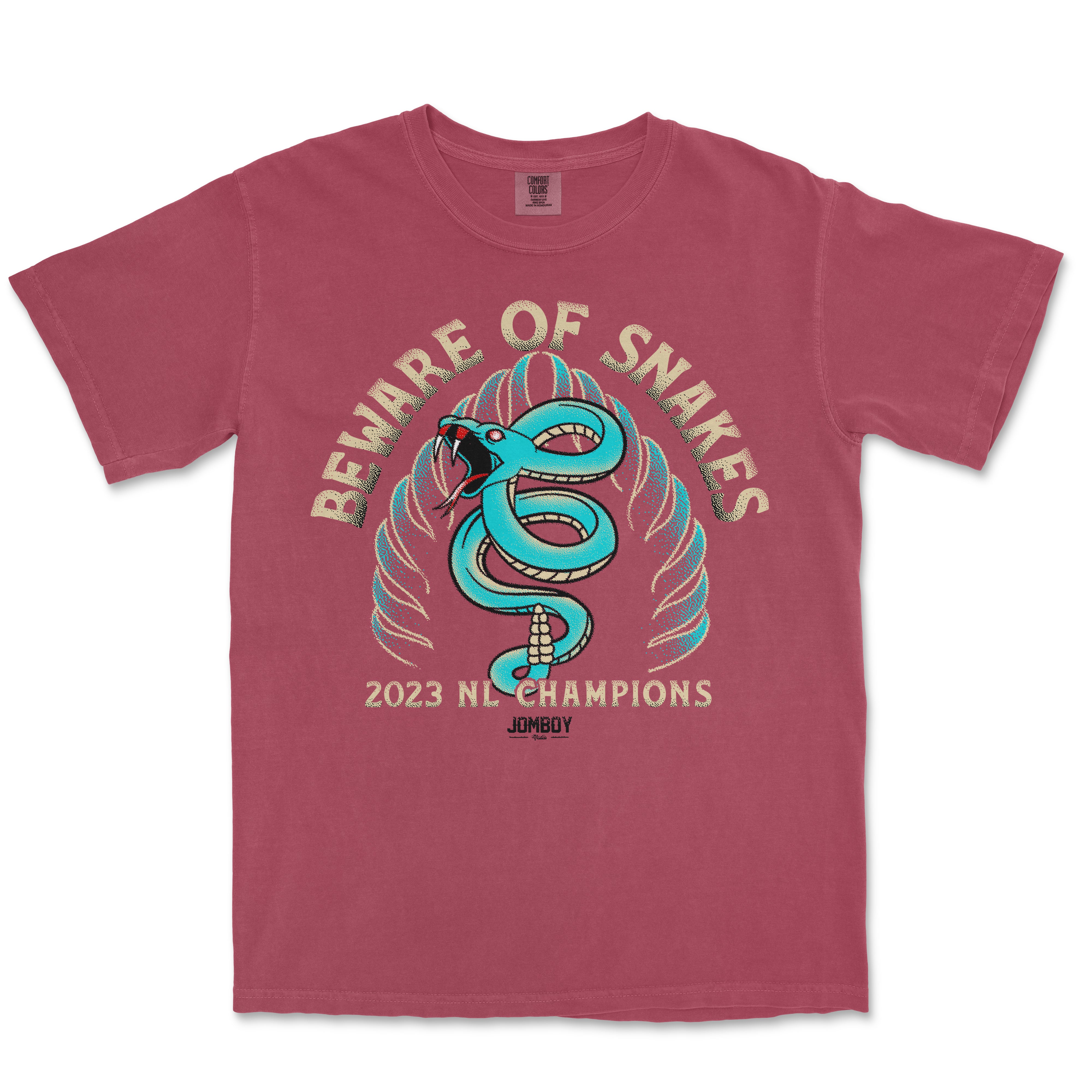 Comfort Colors tee featuring a blue snake with an open mouth, surrounded by flames, and text reading "Beware of Snakes" and "2023 NL Champions.