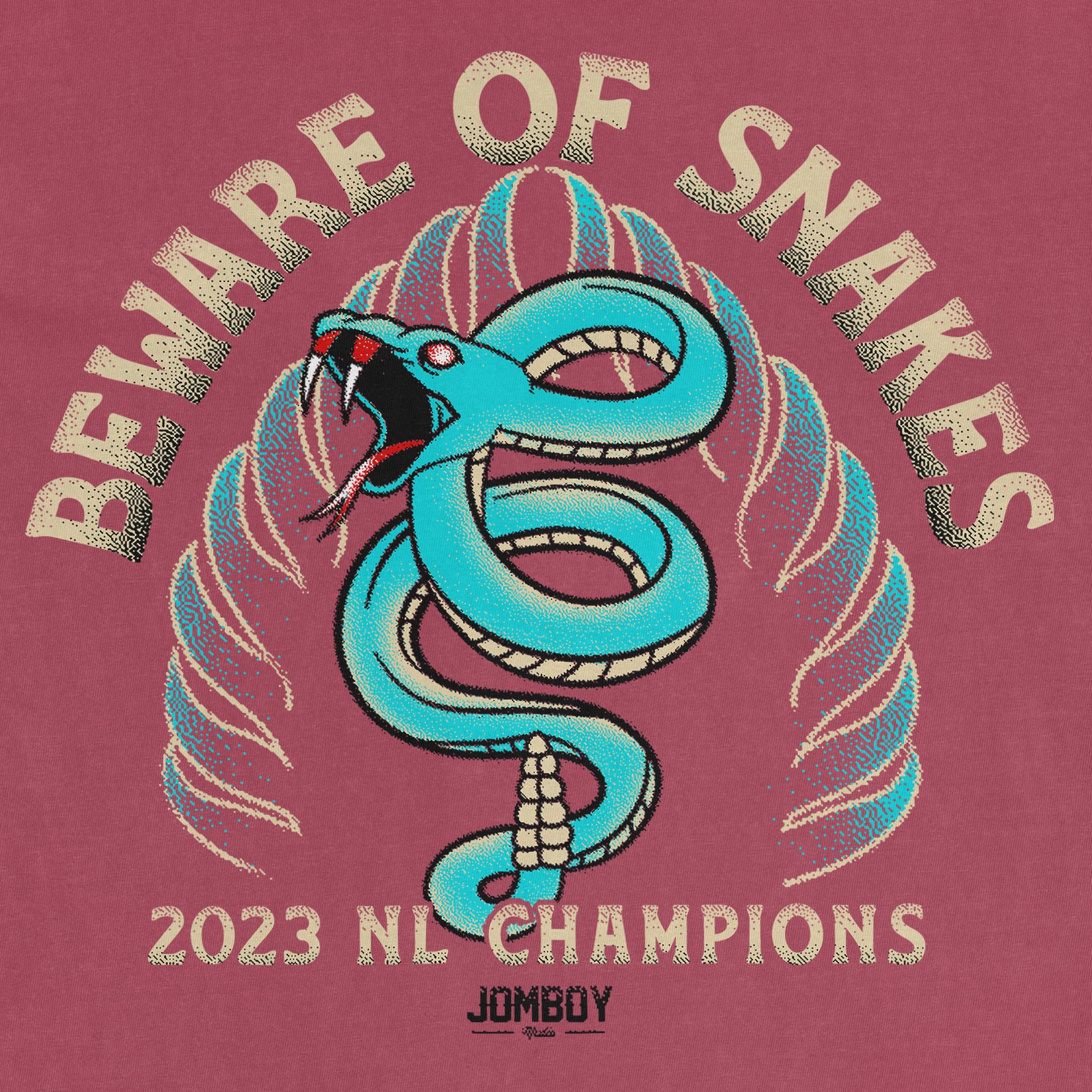 Pink Comfort Colors T-shirt featuring a blue snake with red eyes and fangs, surrounded by flames, with "Beware of Snakes" text.