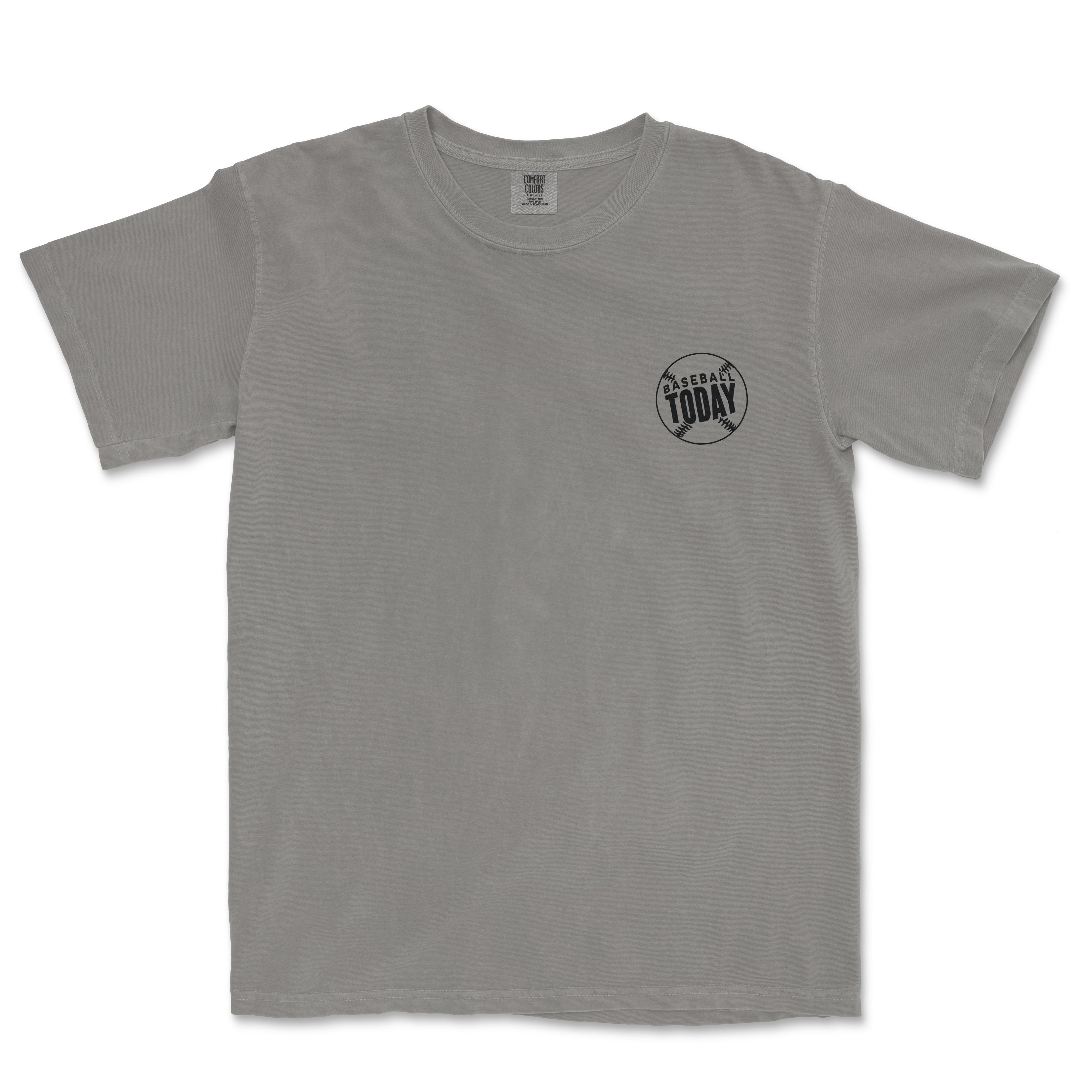 Black monochrome T-shirt with a small "Baseball Today" logo on the front left chest area.