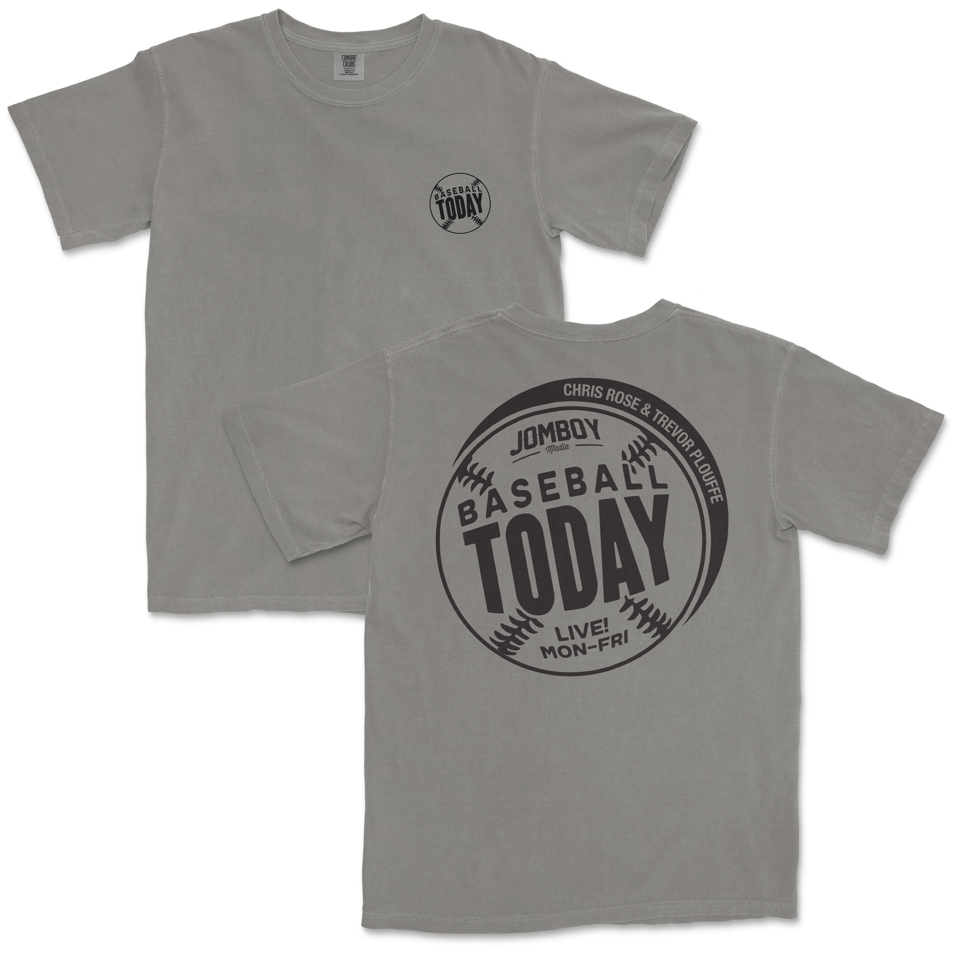 Black monochrome T-shirt featuring "Baseball Today" text and graphics, with event details and team names on the back.