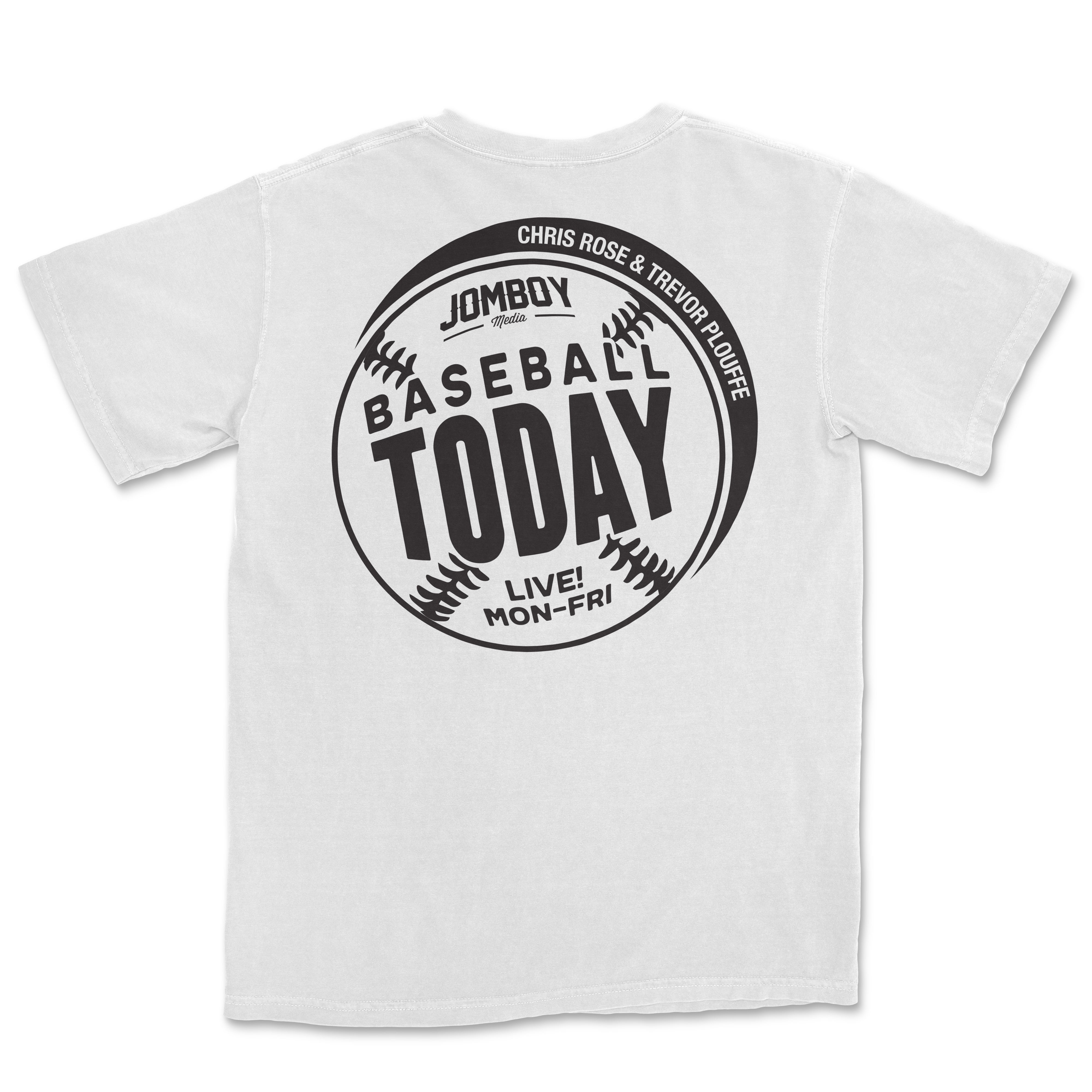 Black monochrome T-shirt featuring a circular baseball-themed graphic with "Baseball Today" and event details.