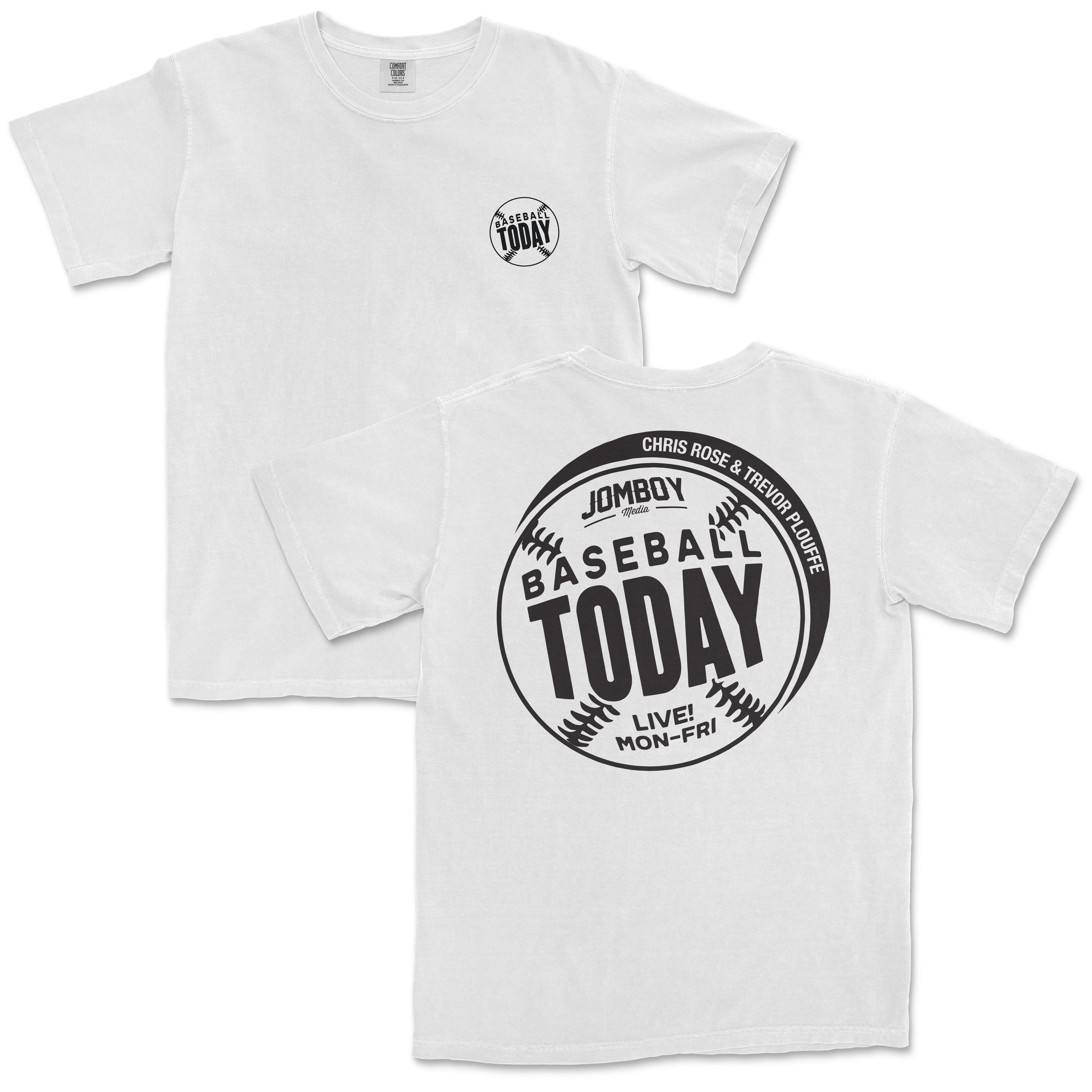 Black monochrome T-shirt featuring "Baseball Today" text, baseball graphic, and event details on front and back.