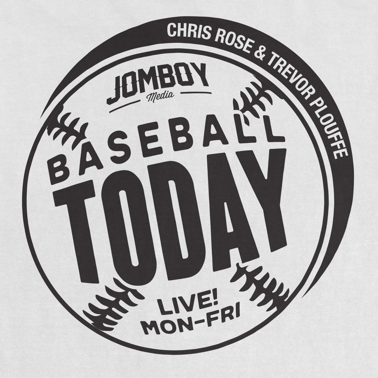 Black monochrome T-shirt featuring a circular baseball-themed graphic with text and baseball stitching details.