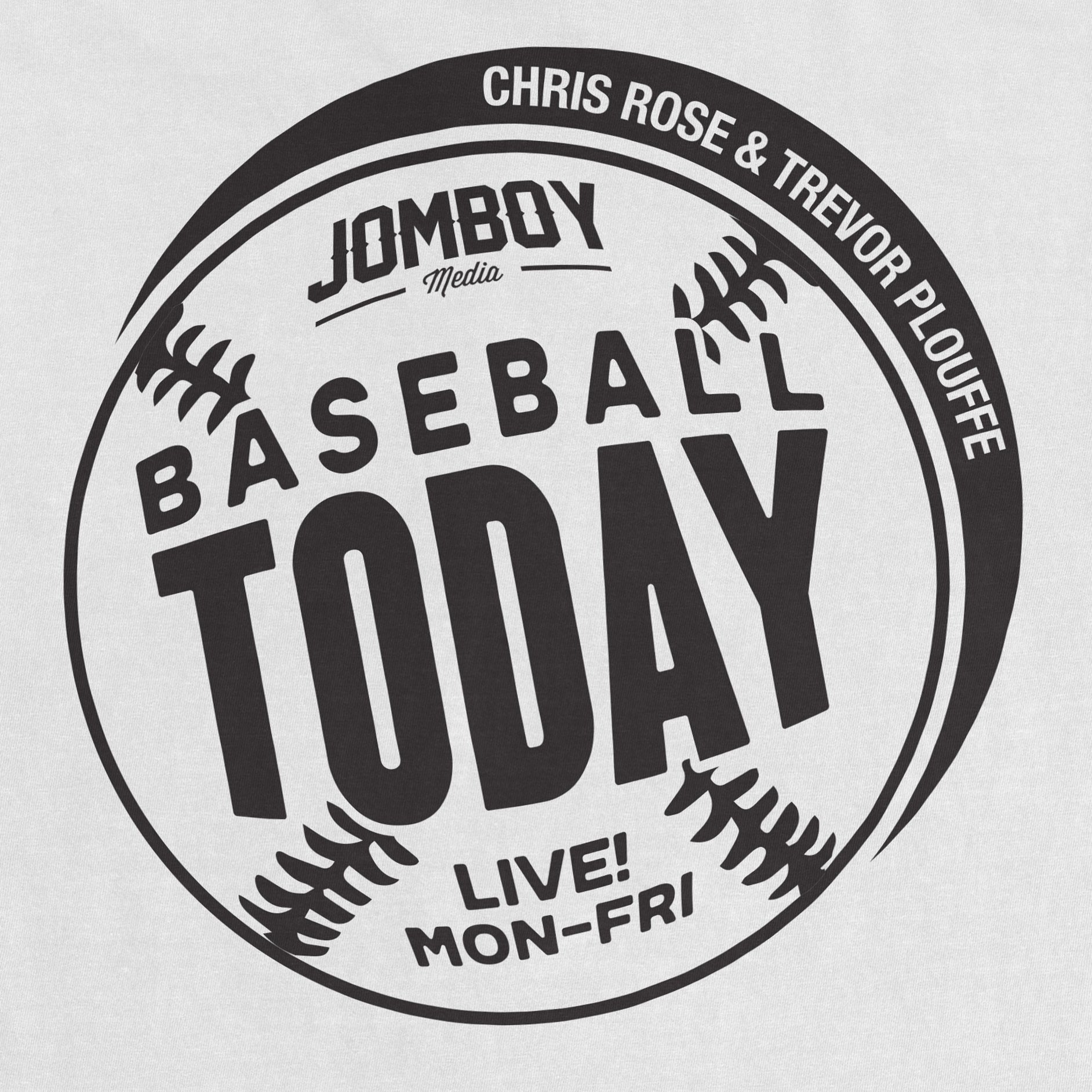 Black monochrome T-shirt featuring a circular baseball-themed graphic with text and baseball stitching details.