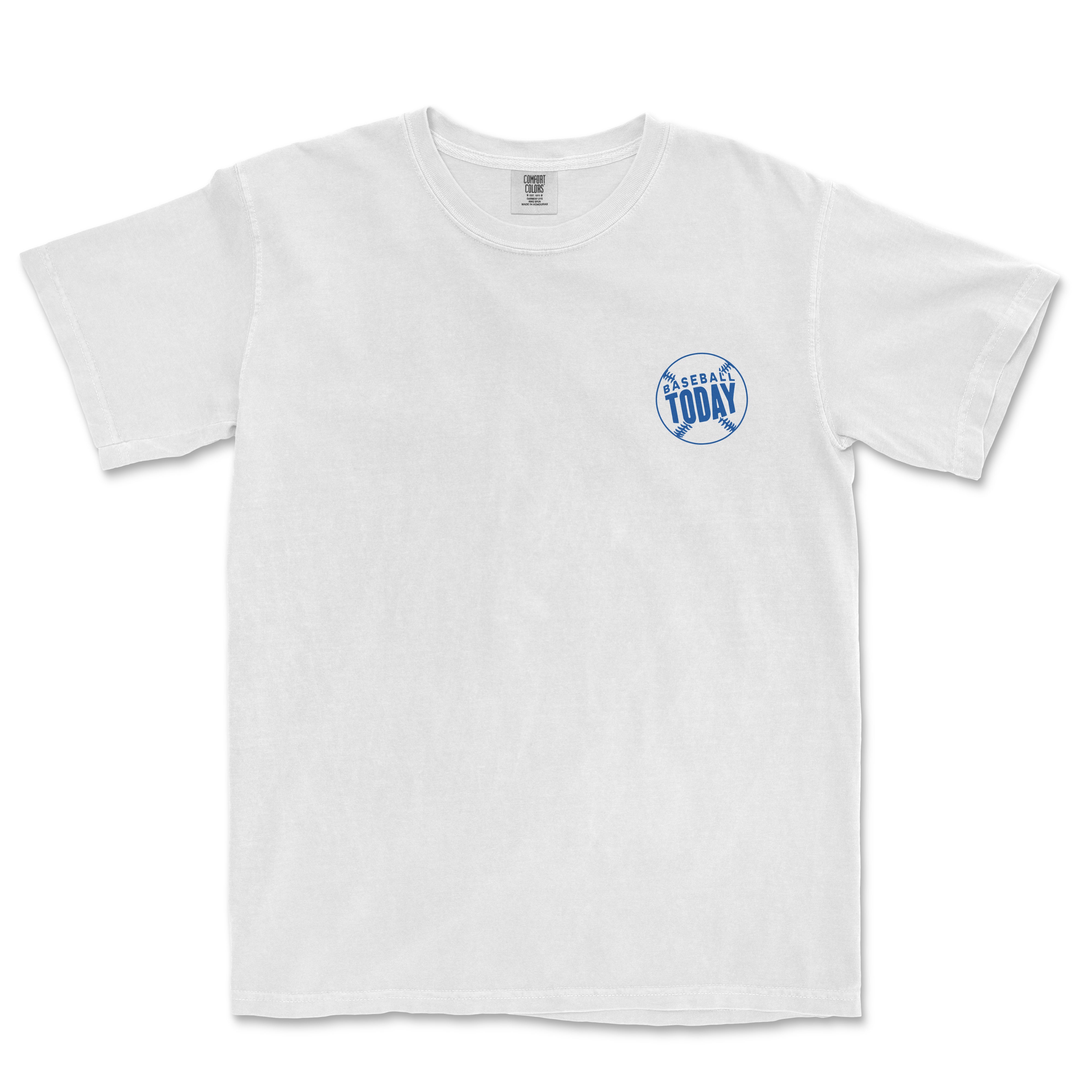 White vintage Comfort Colors T-shirt with a small blue baseball graphic and "Baseball Today" text on the chest.
