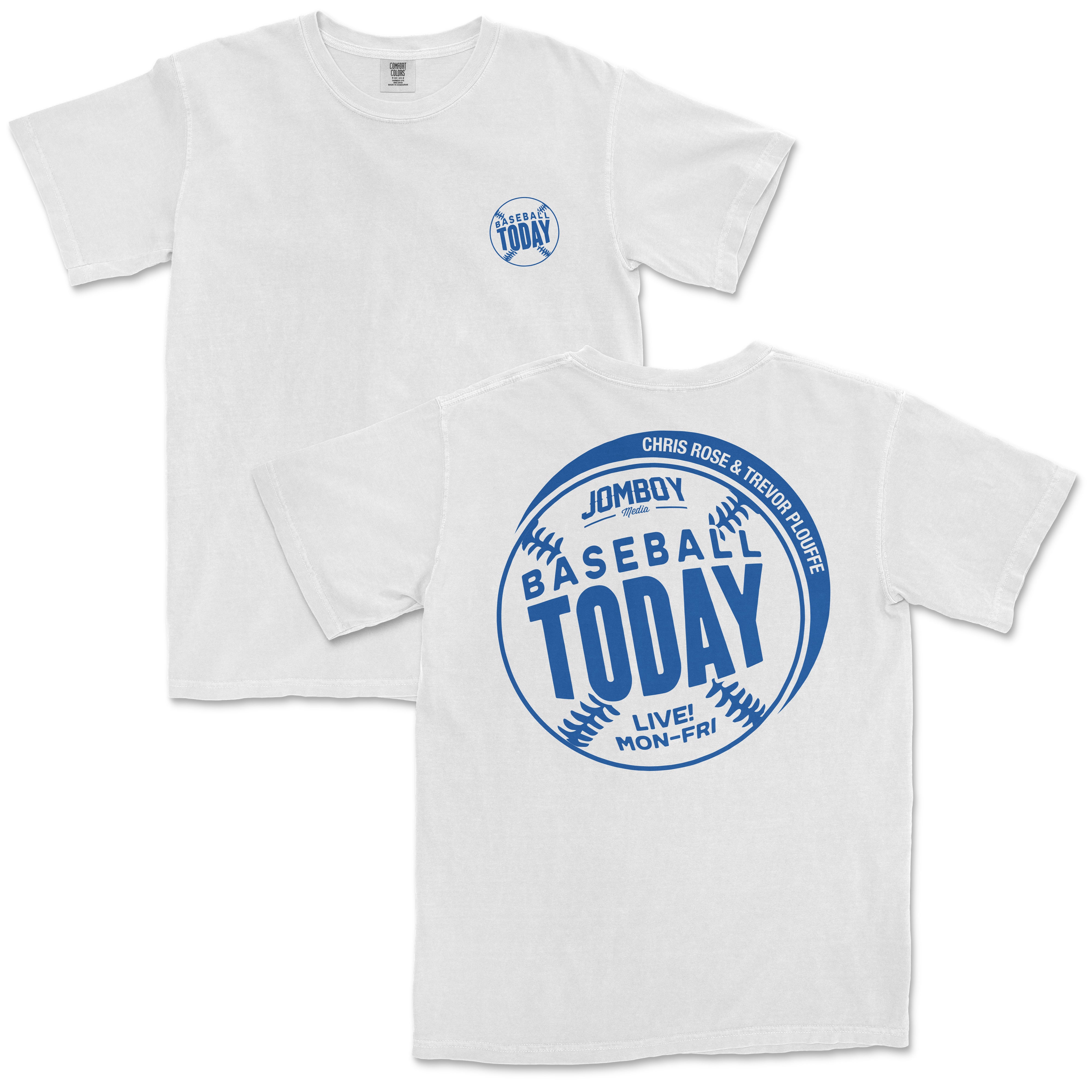 White Comfort Colors vintage tee with blue monochrome baseball-themed design, featuring "Baseball Today" and event details.