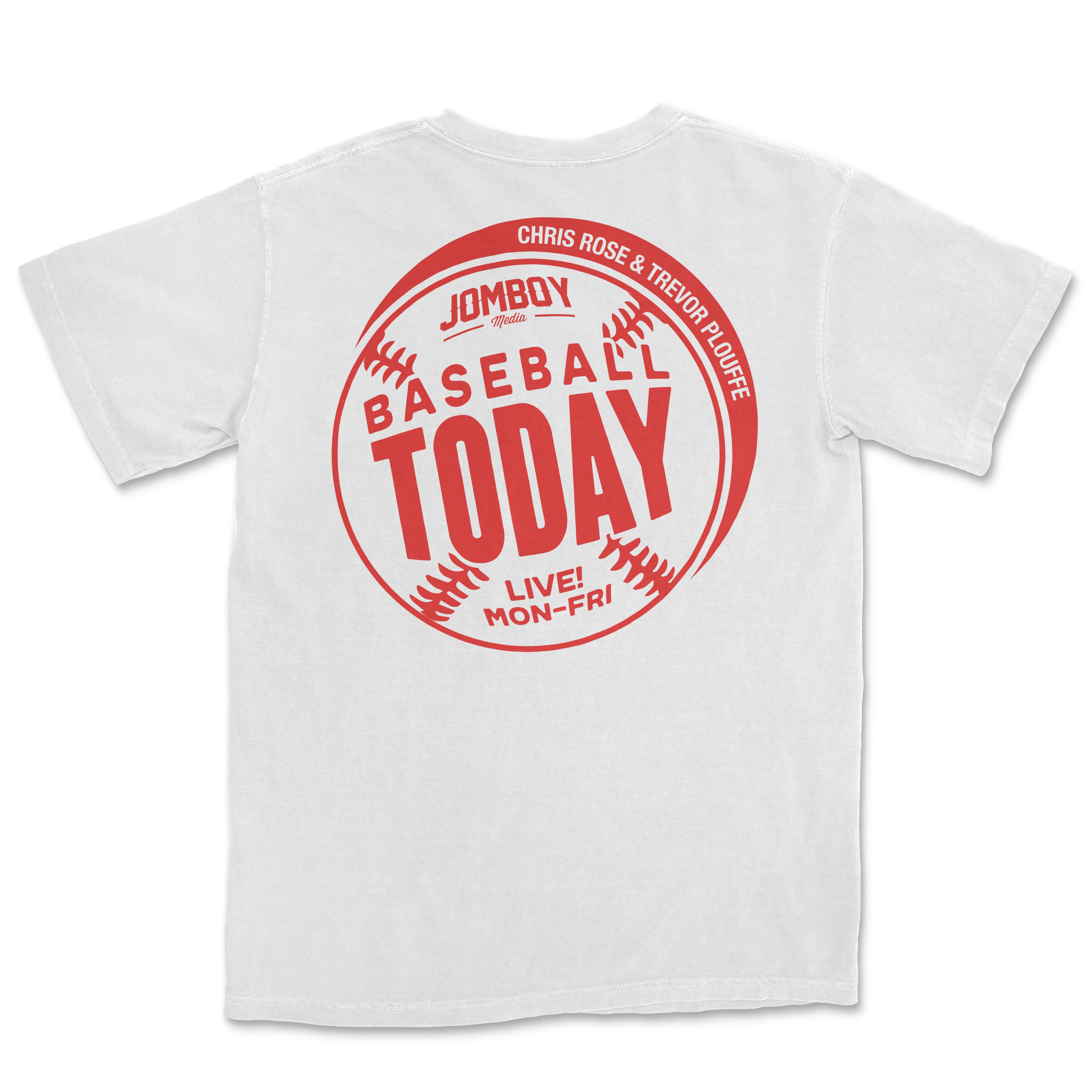 White vintage Comfort Colors tee featuring a red baseball-themed graphic with "Baseball Today" and event details.