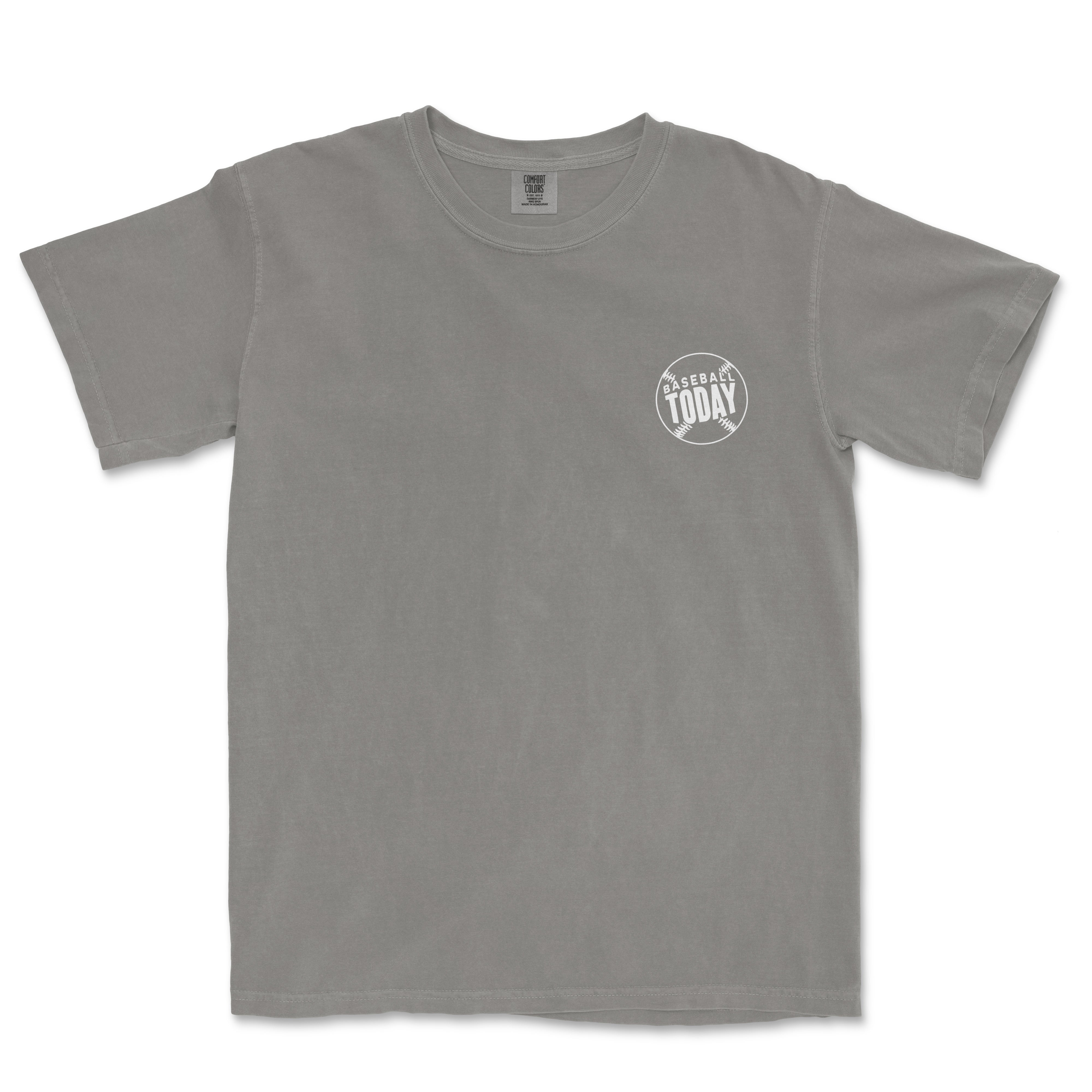 White Comfort Colors vintage tee with a small "Baseball Today" logo on the chest, featuring a baseball graphic.