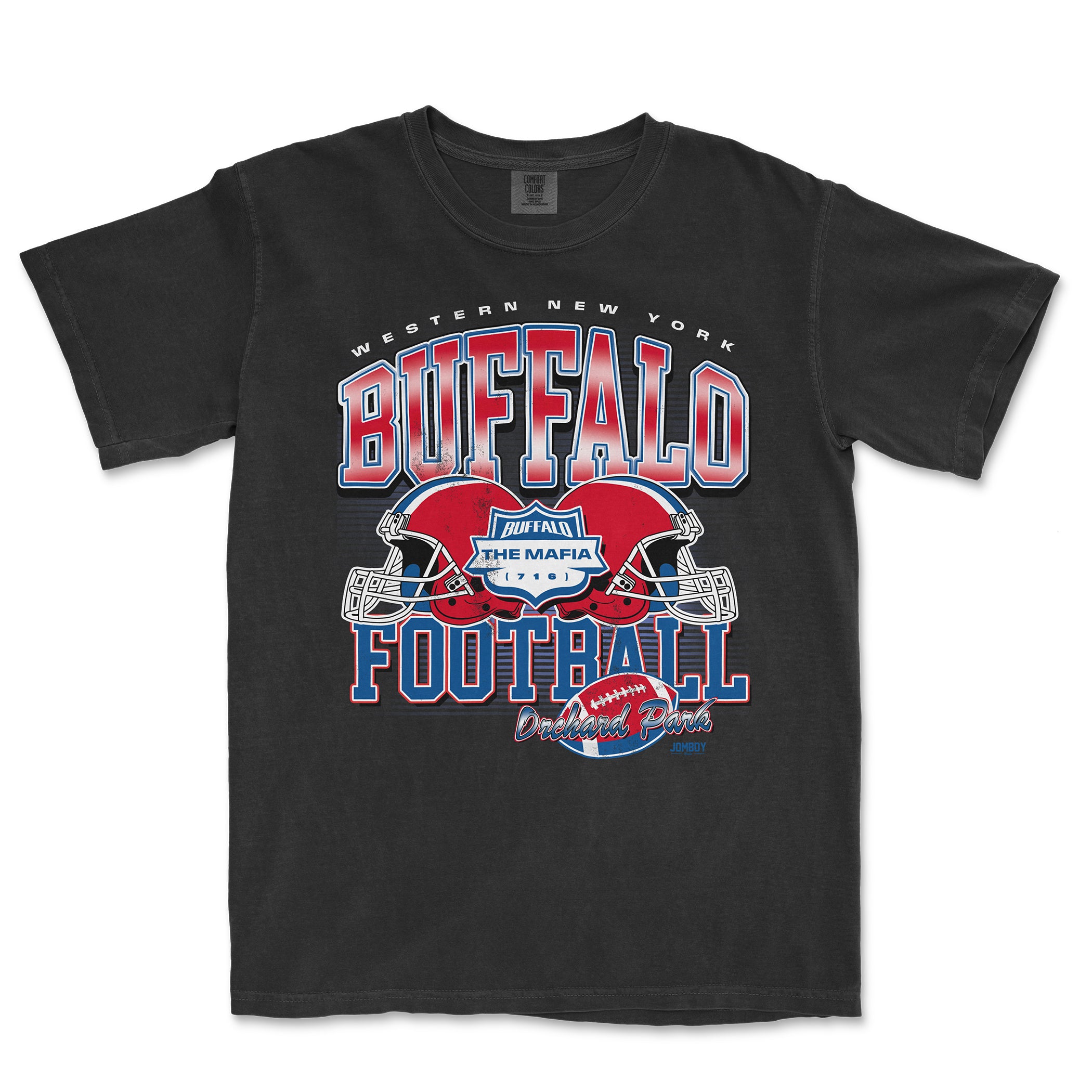 Black T-shirt featuring a colorful graphic design with football helmets, text "Buffalo Football," and references to Orchard Park and Western New York.