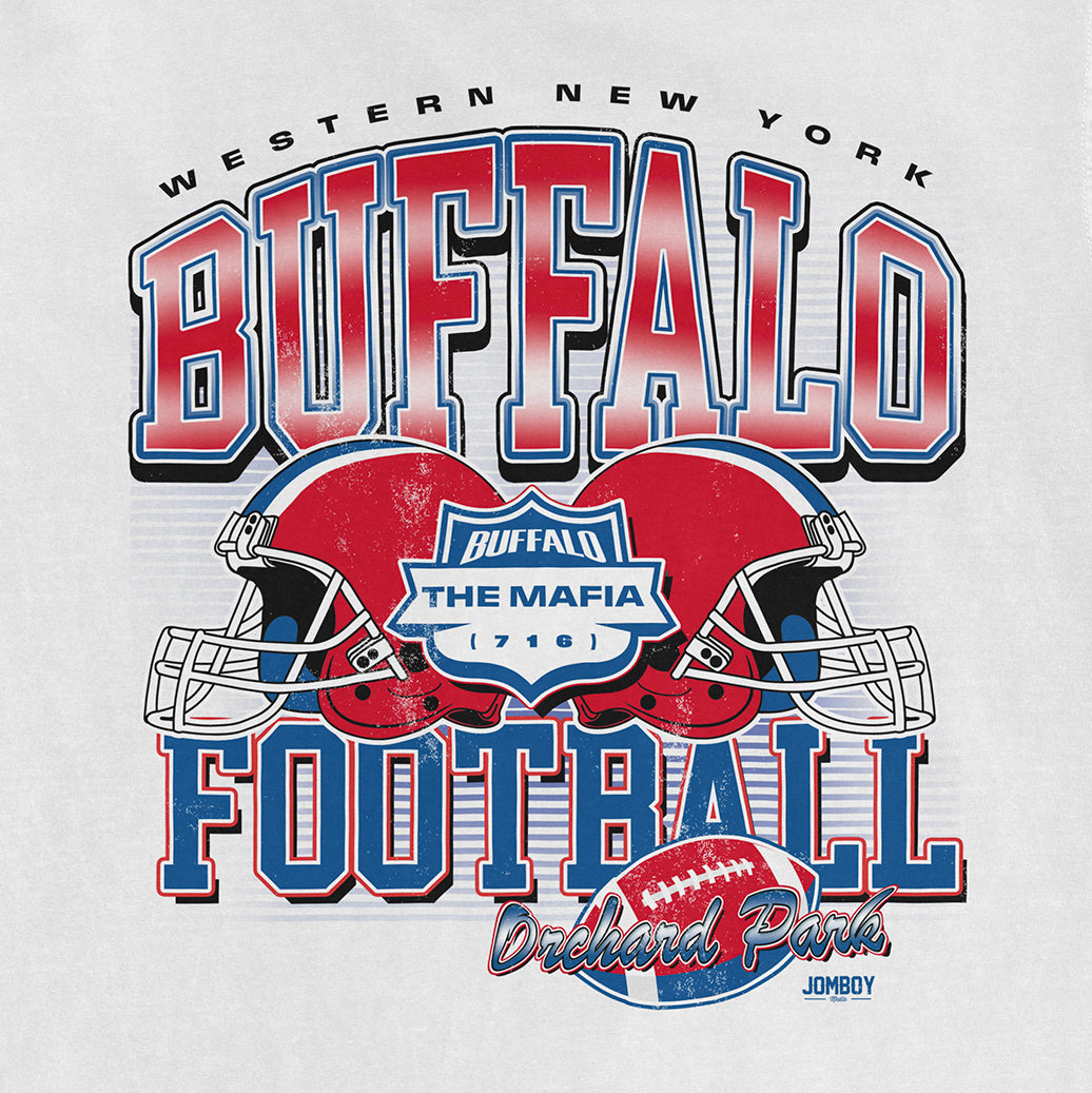 Graphic design featuring Buffalo football helmets, a football, and text promoting Western New York Buffalo Football at Orchard Park.
