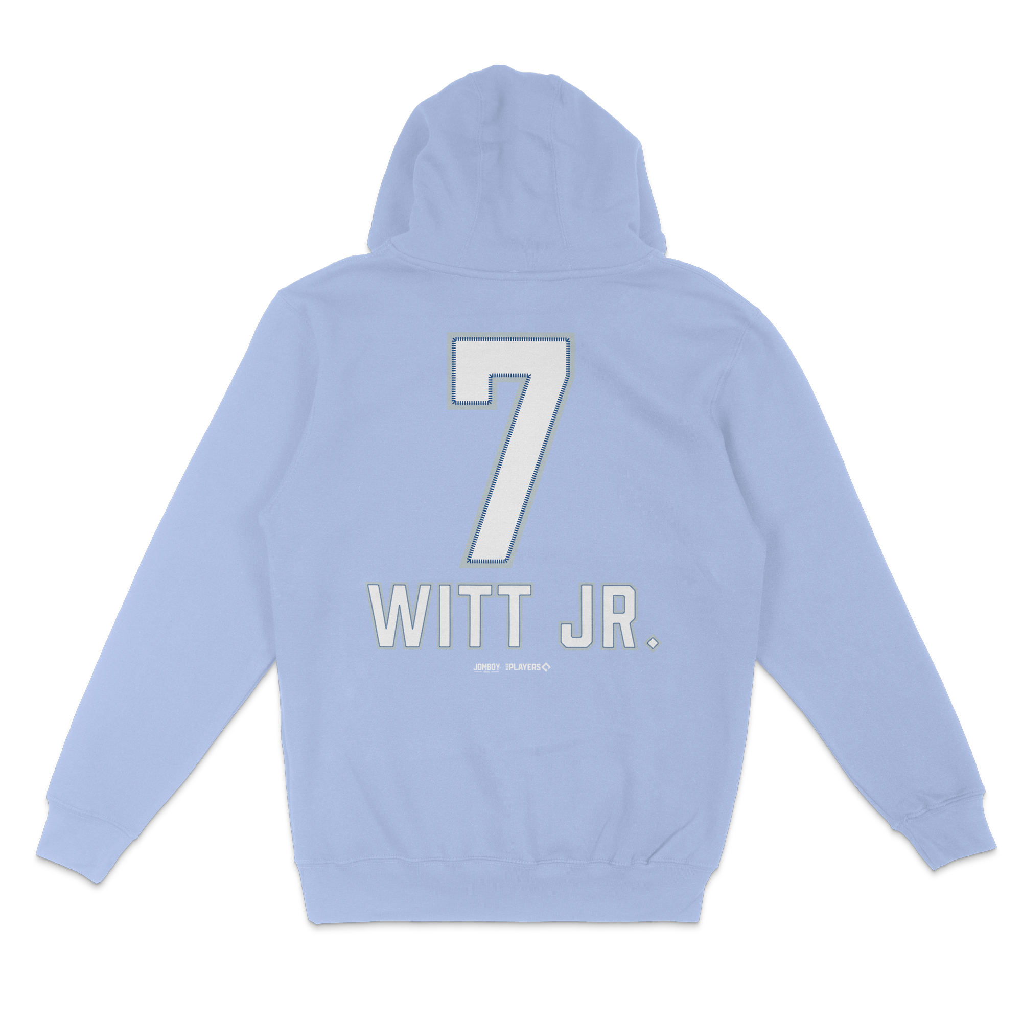 Light blue pullover fleece hoodie featuring "7" and "WITT JR." printed on the back, with additional small text details.