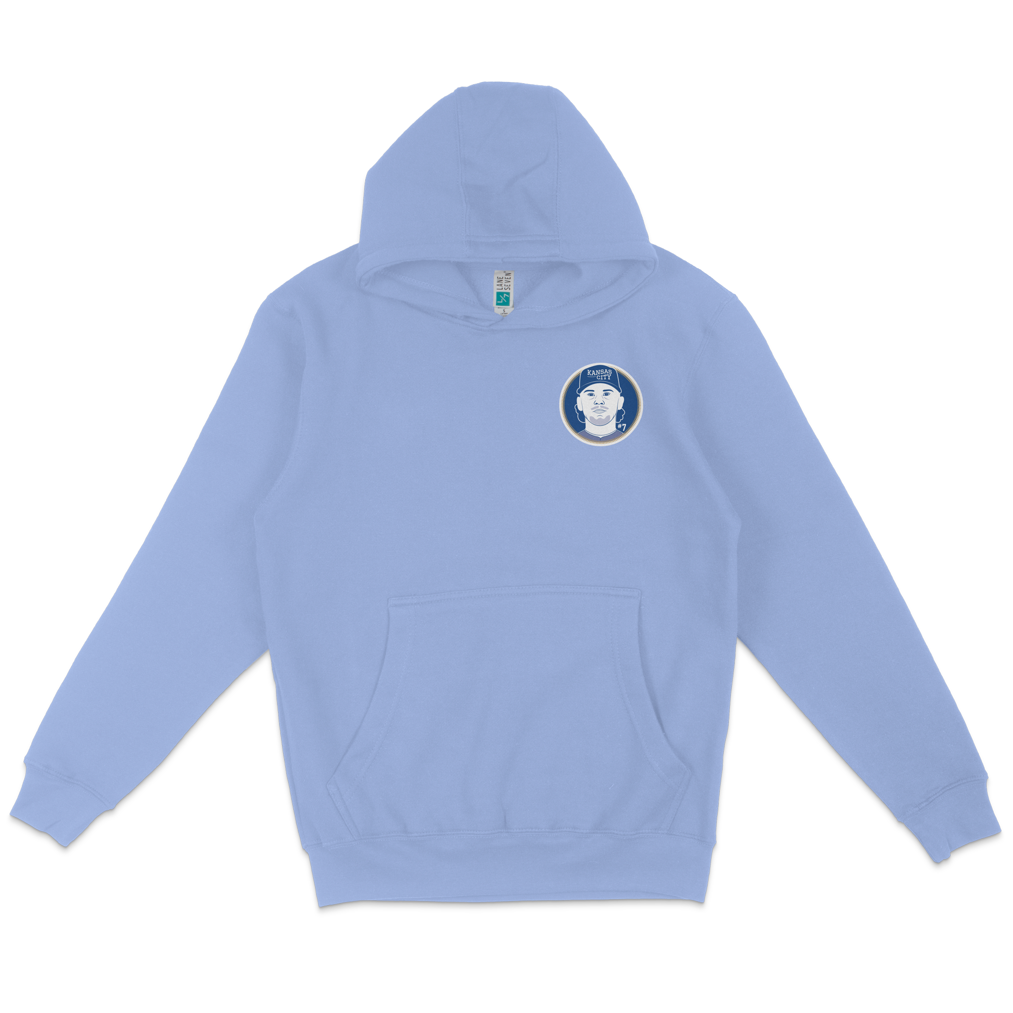 Light blue pullover fleece hoodie featuring a Kansas City Royals logo patch on the chest, with a front pocket and adjustable drawstring hood.