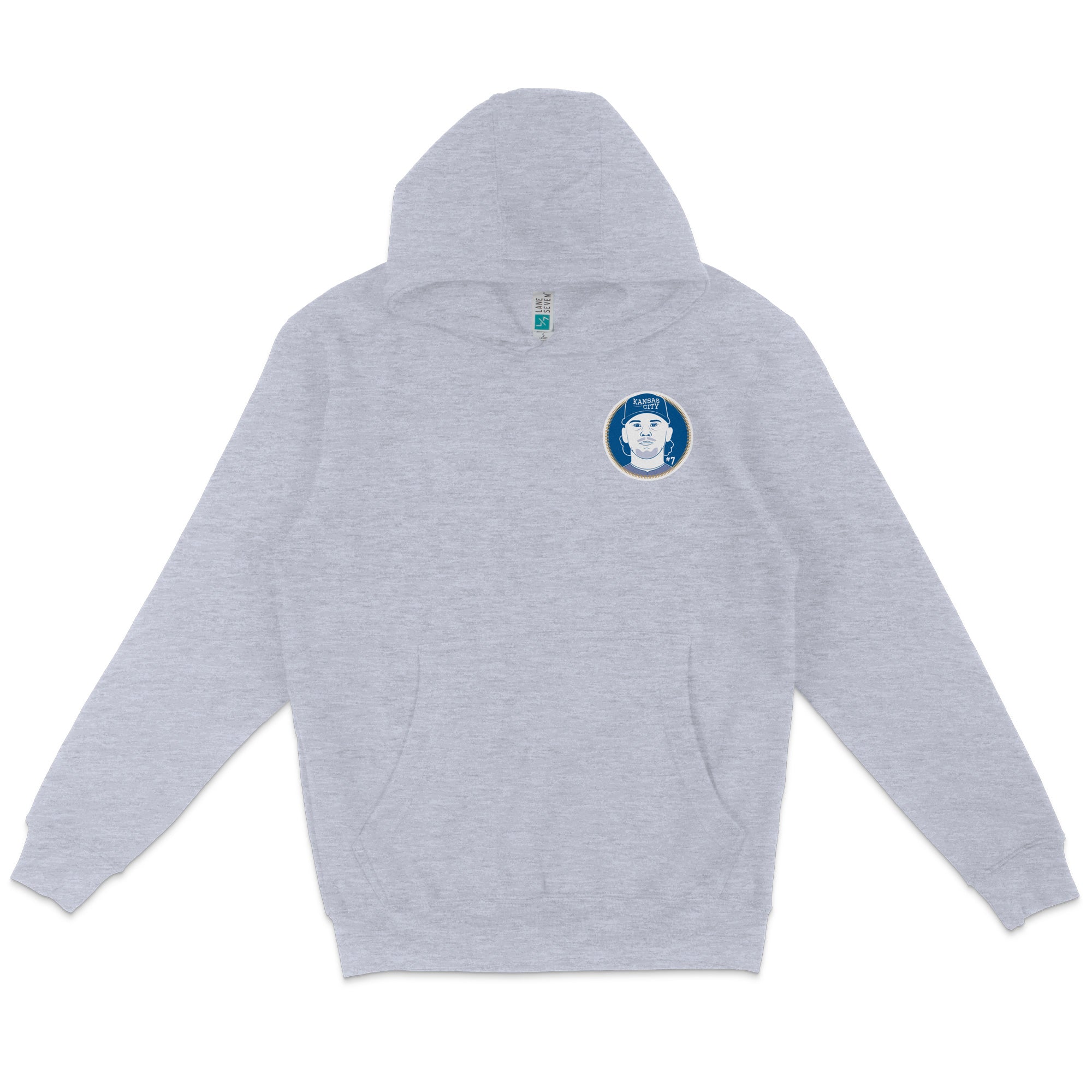 Light gray pullover fleece hoodie featuring a Kansas City Royals logo patch on the chest.