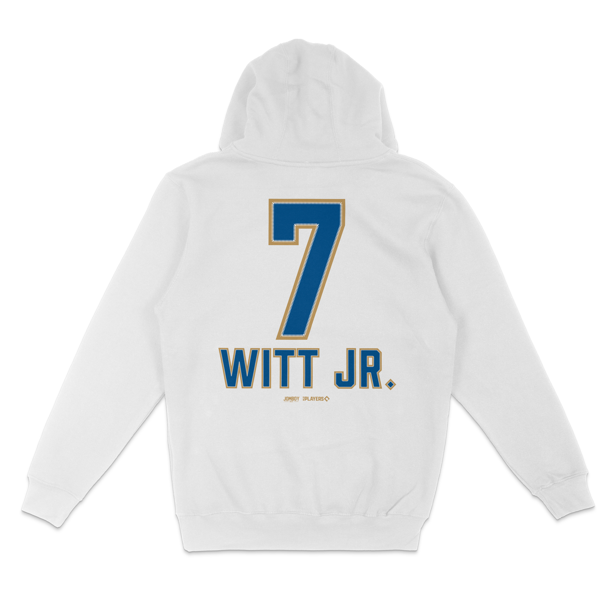 White pullover fleece hoodie featuring a large blue number 7 and "WITT JR." text on the back, with gold and blue accents.