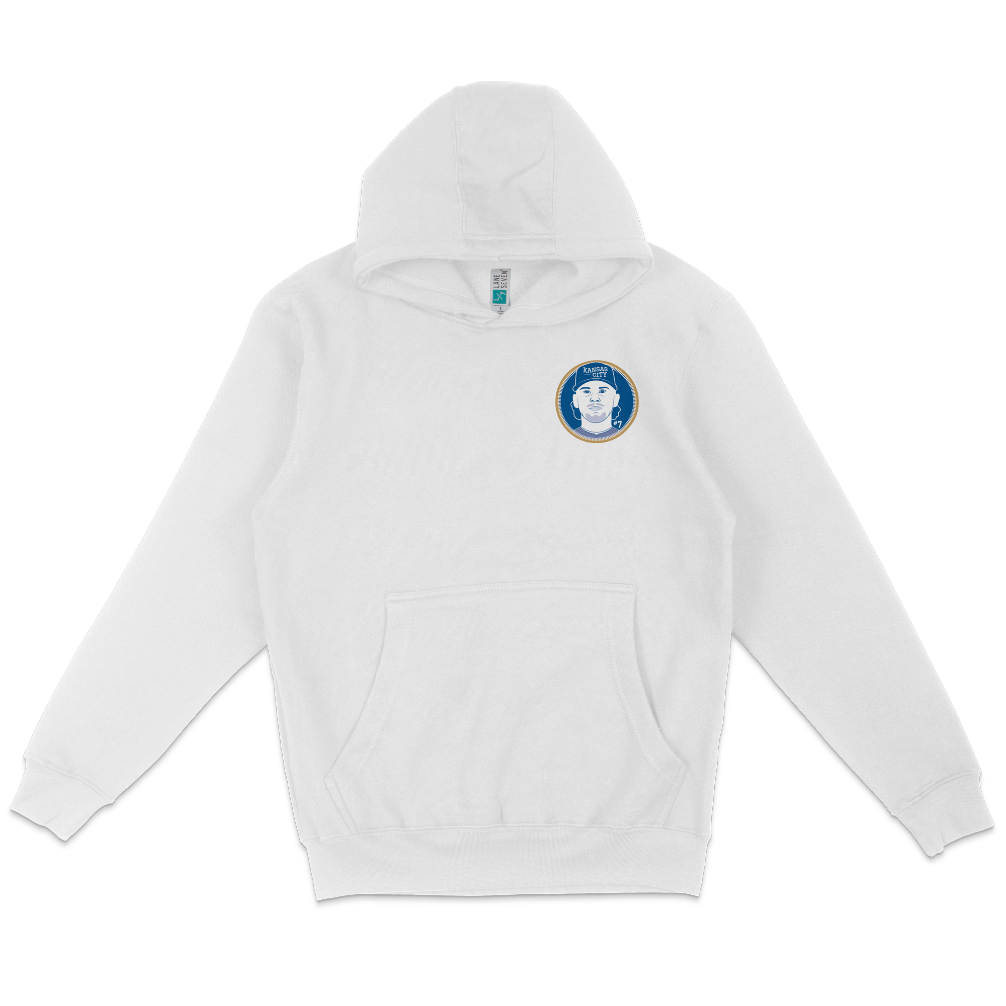 White pullover fleece hoodie featuring a Kansas City Royals logo patch on the chest, with a front pocket and adjustable drawstrings.