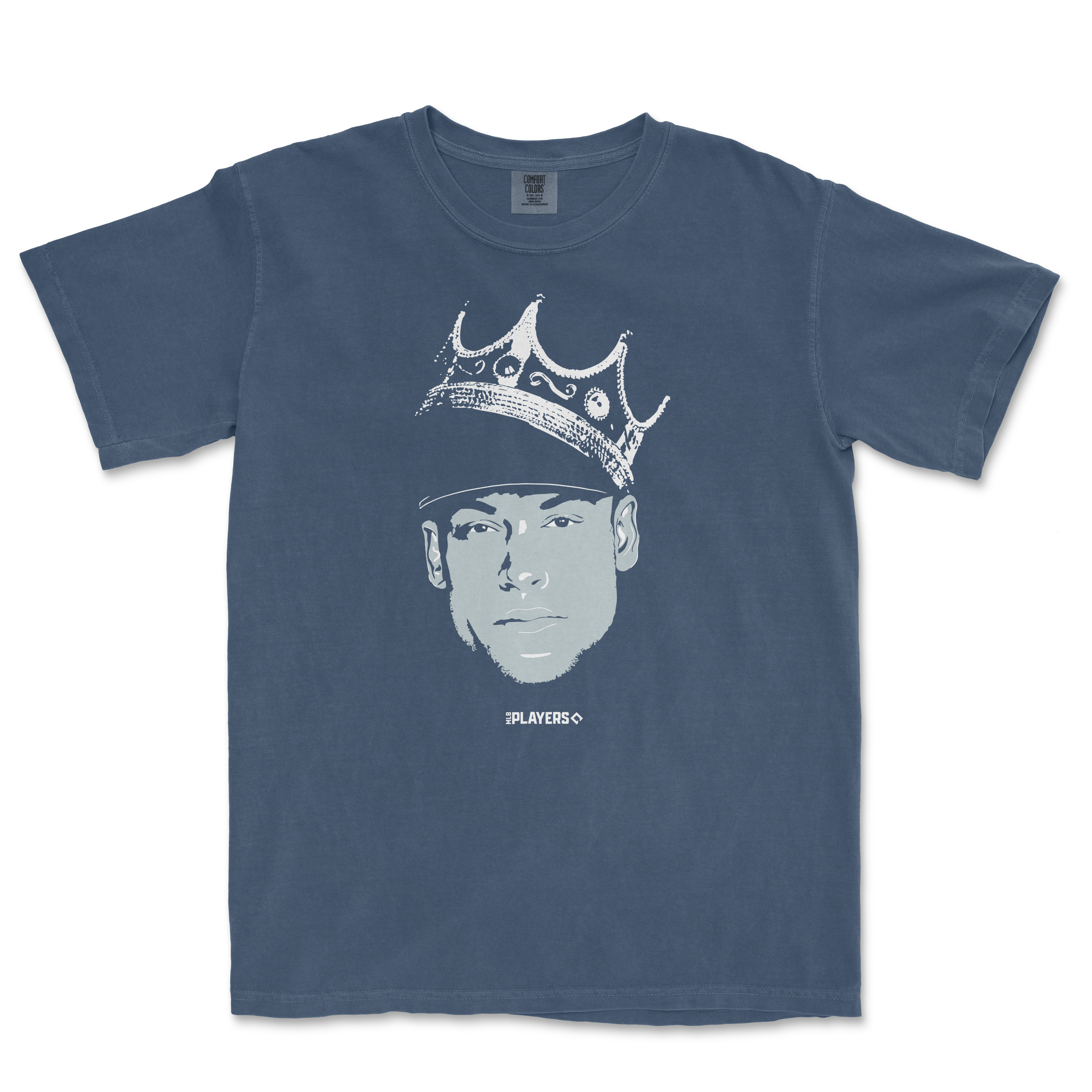 Comfort Colors blue T-shirt featuring a graphic of Aaron Judge wearing a crown, with the text "King of New York" and "Players" below.