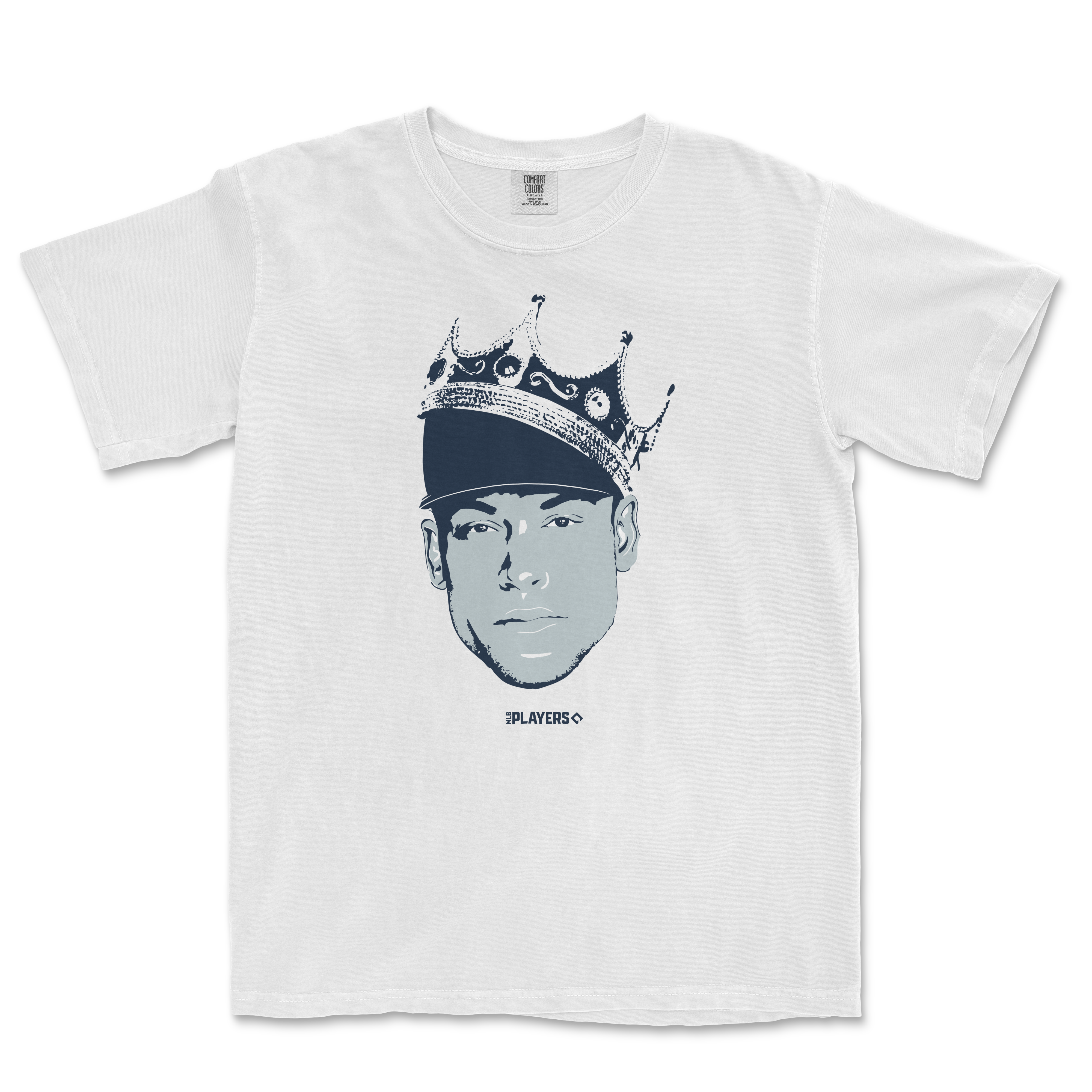 White Comfort Colors T-shirt featuring a graphic illustration of Aaron Judge wearing a crown, with "King of New York" text.