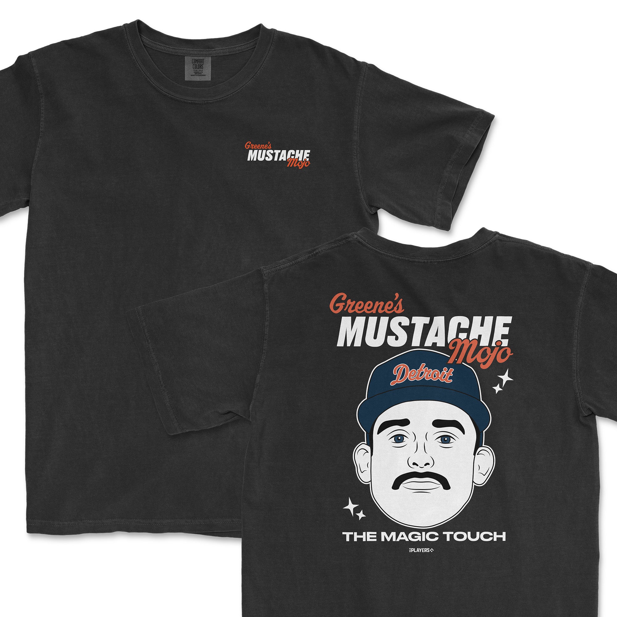 Black t-shirt featuring "Greene's Mustache Mojo" and a graphic of a man with a mustache, celebrating Detroit's sports culture.