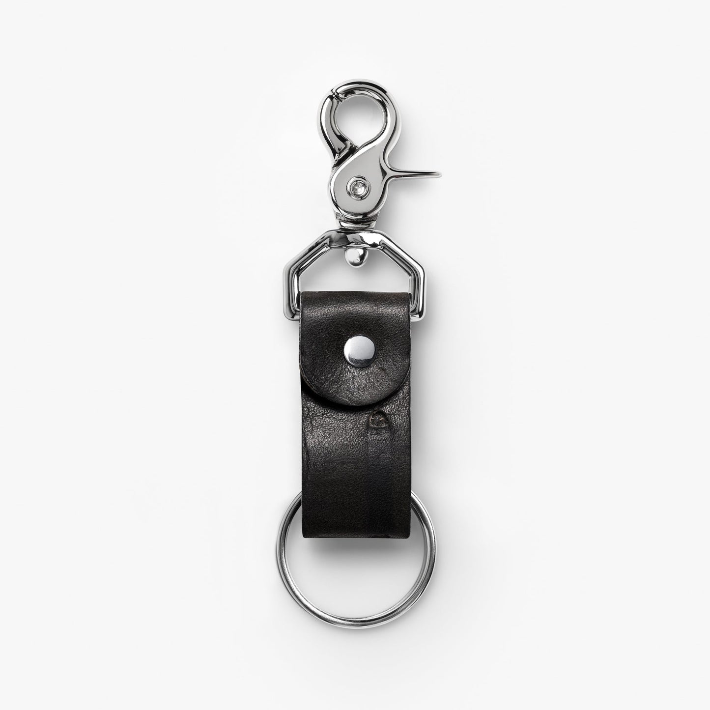 Close-up of a Wanderchain baseball glove keychain with a metal clip, leather strap, and keyring on a white background.