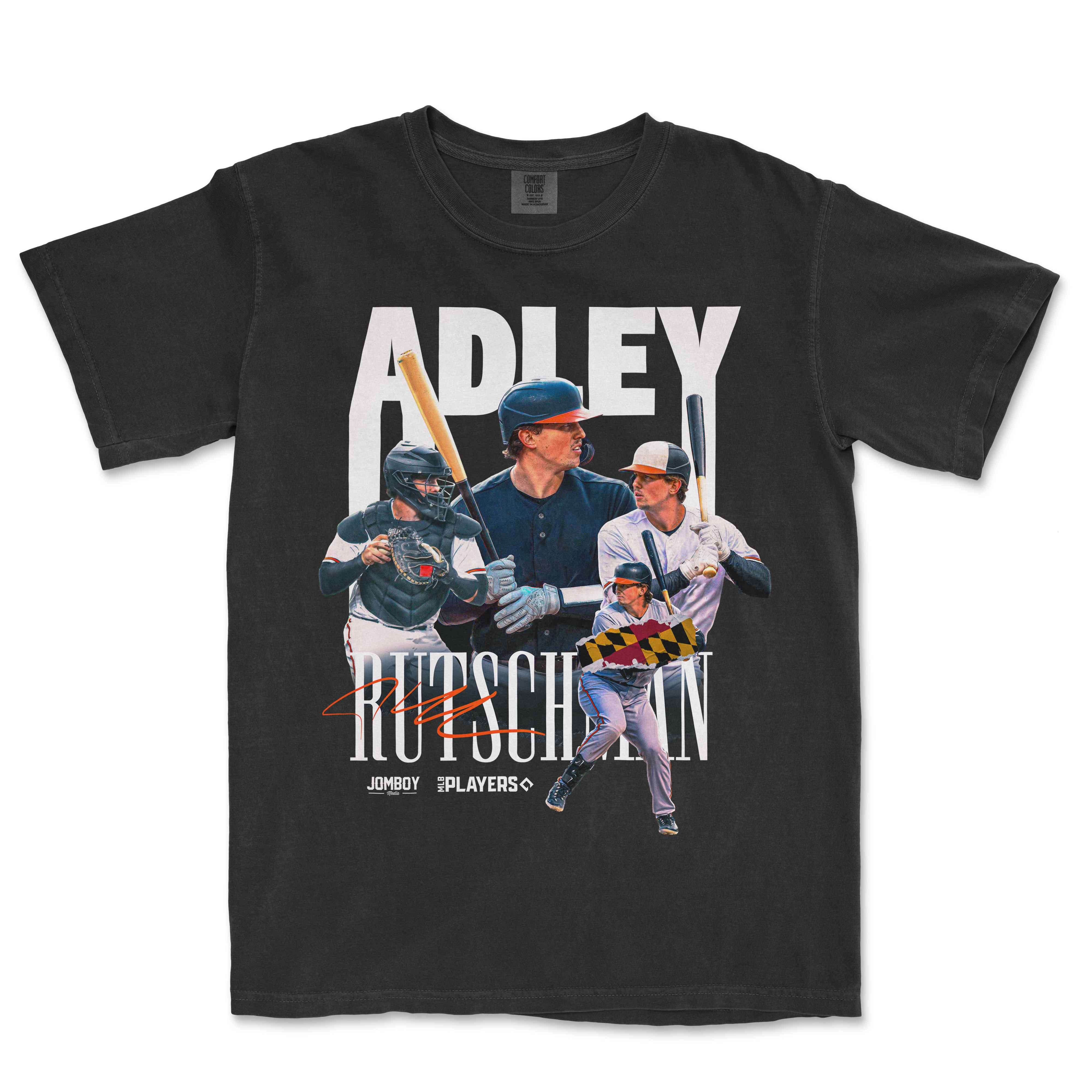 Black Comfort Colors tee featuring Adley Rutschman in various baseball poses, with bold text and signature design.