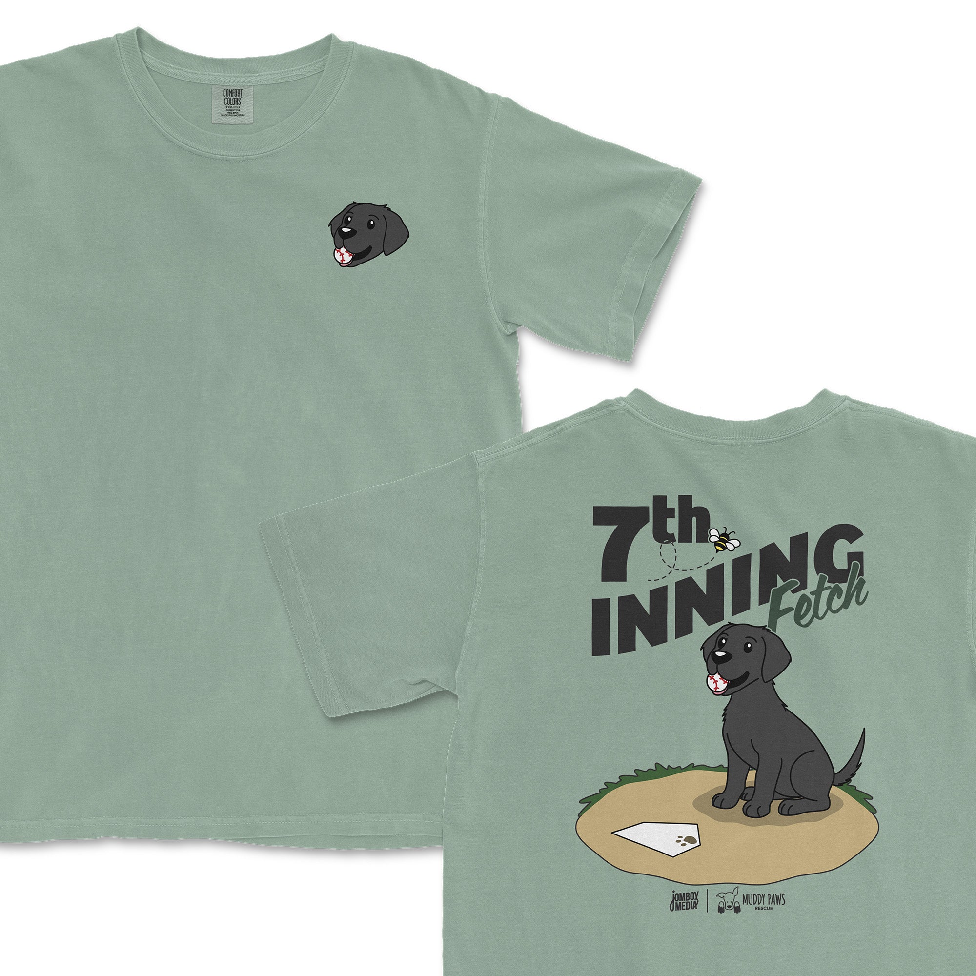 Black Lab 7th-Inning Fetch cartoon t-shirt featuring a playful dog design on a mint green background.